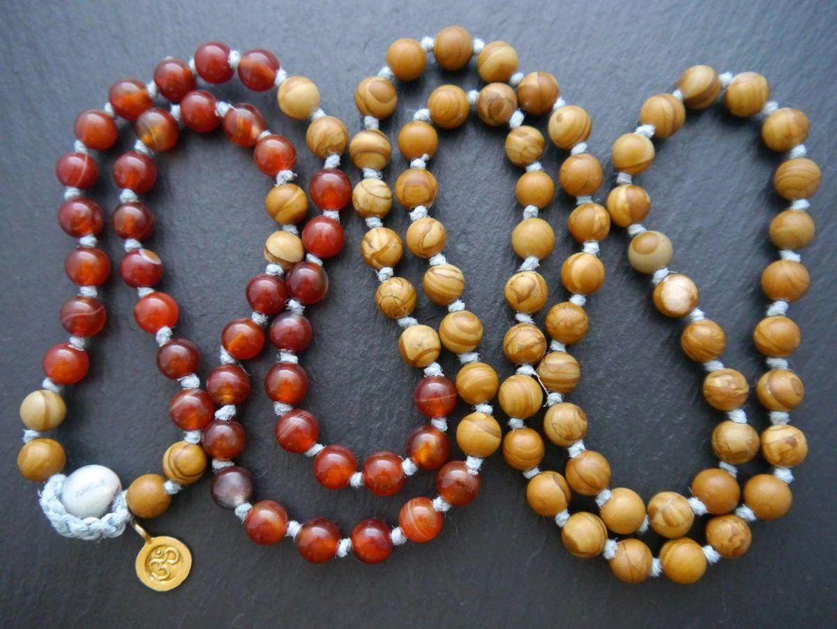 Red Carnelian Brown Jasper Mala Beads, 108 Gemstone Beads, Wrap, Hand Knotted