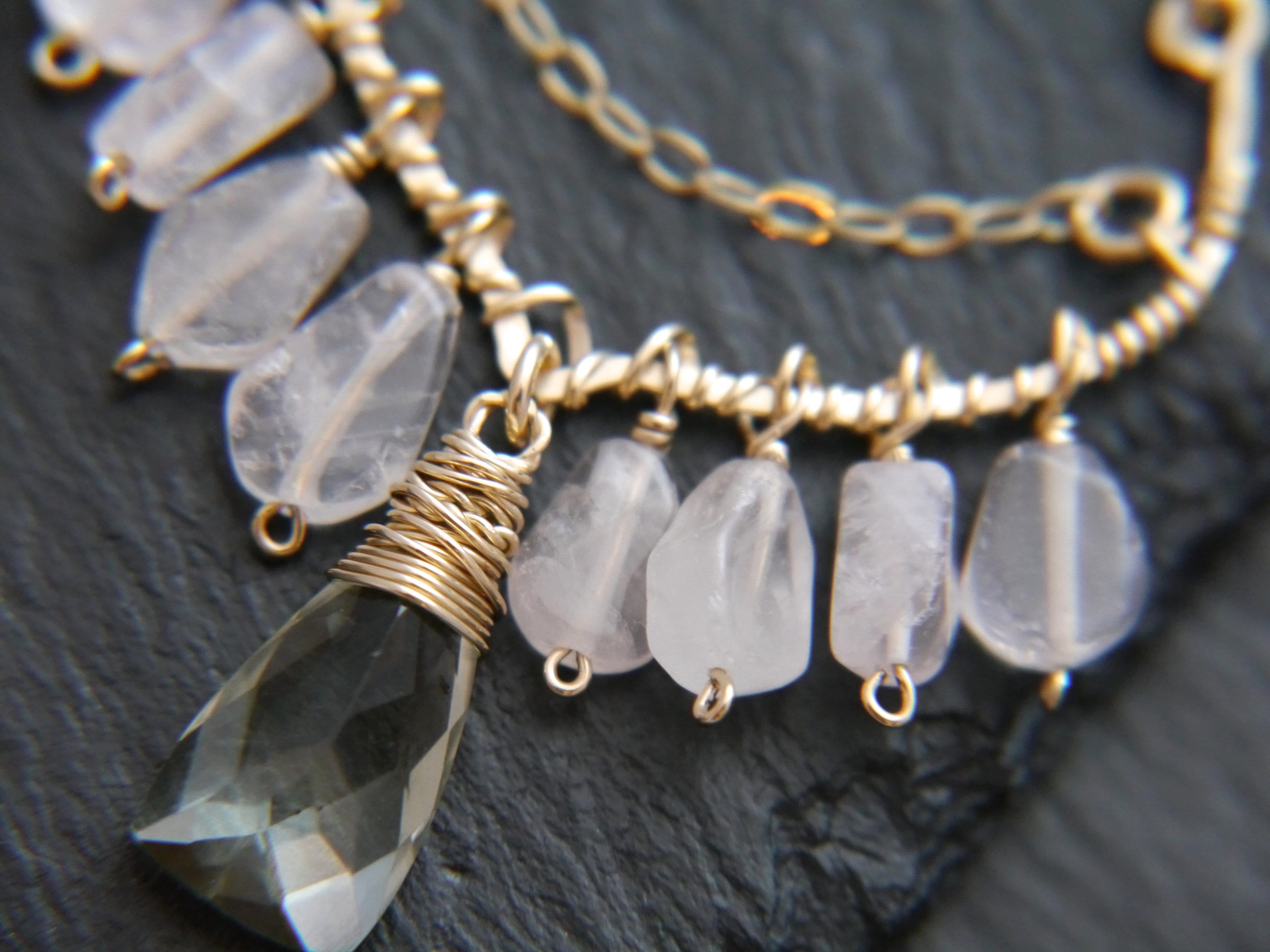 Pink Rose Quartz Bohemian Chandelier Fringe Gemstone Earrings, 14K Gold Filled Boho