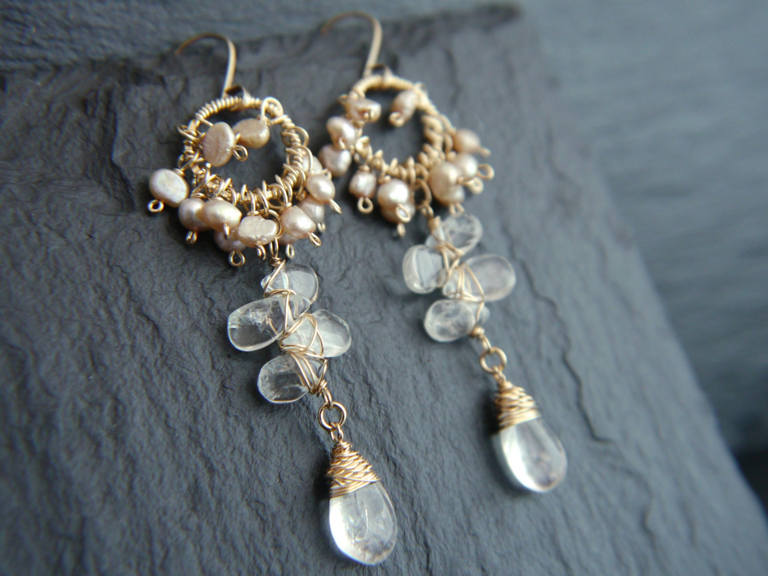 Aquamarine Pink Pearl Cluster Chandelier Earrings, 14K Gold Filled Long Dangle, Bridal Jewelry