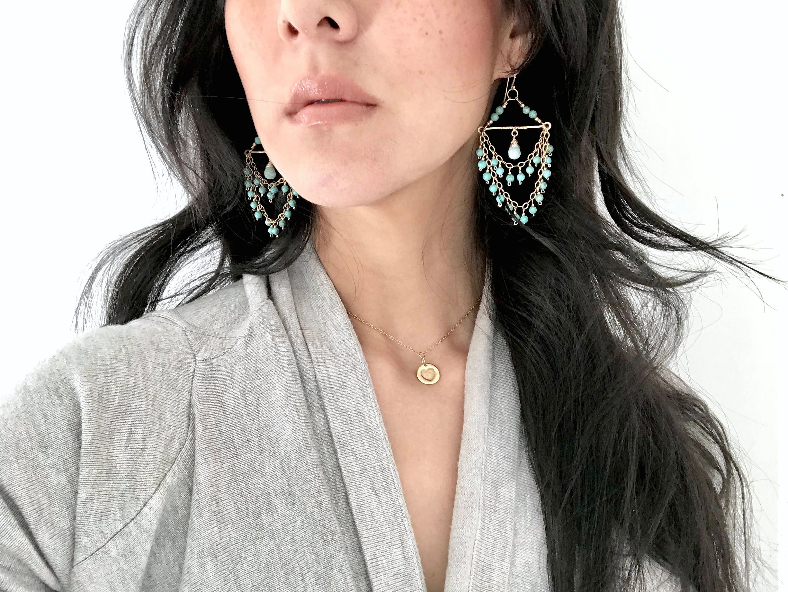 Turquoise Magnesite Chandelier Fringe Gemstone Earrings, 14K Gold Filled Coastal Wedding