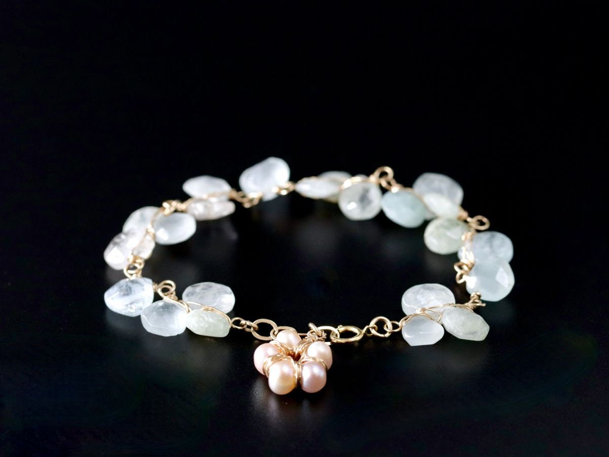 14K Gold Filled Aquamarine Pearl Gemstone Bracelet, March Birthstone Bridal Jewelry