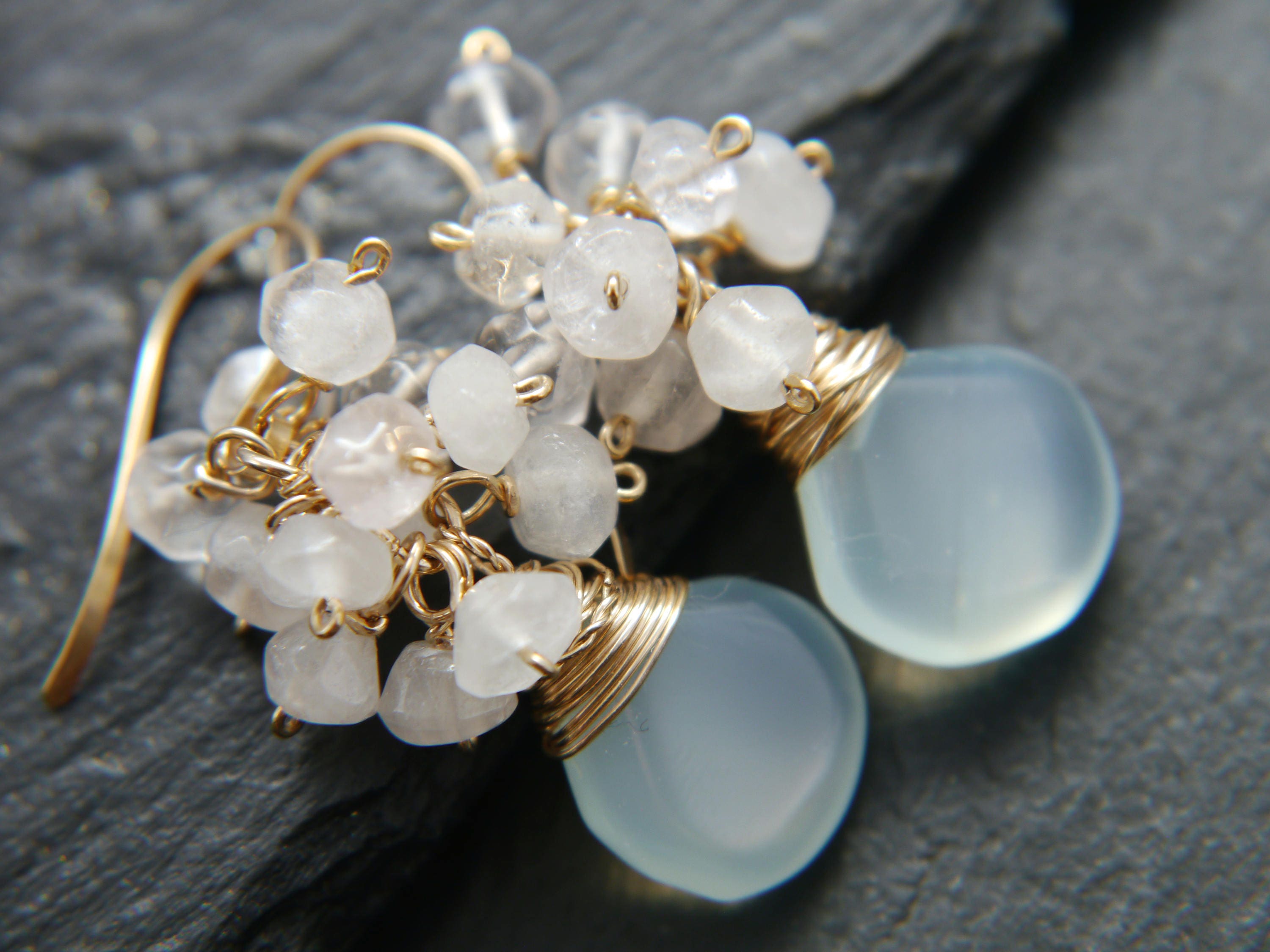Aqua Chalcedony Rose Quartz Cluster Gemstone Earrings, 14K Gold Filled Romantic Style