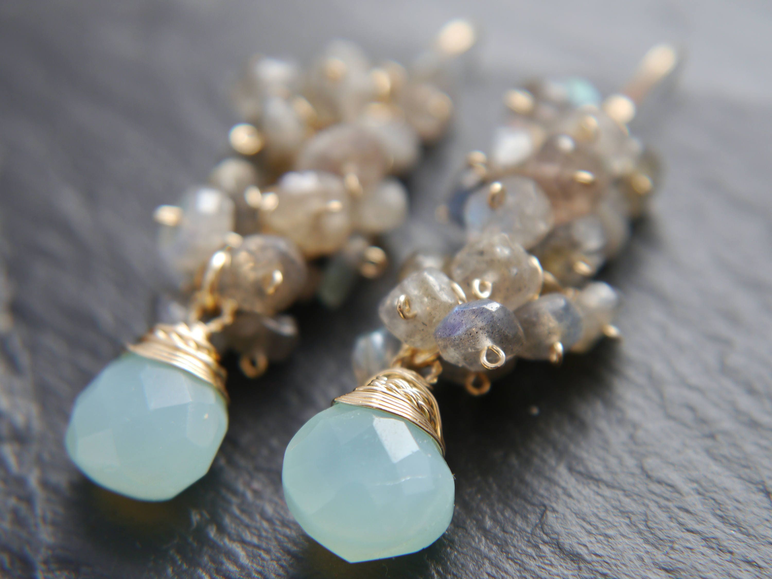 Aqua Chalcedony Briolette Labradorite Cluster Gemstone Earrings, 14K Gold Filled Romantic Style