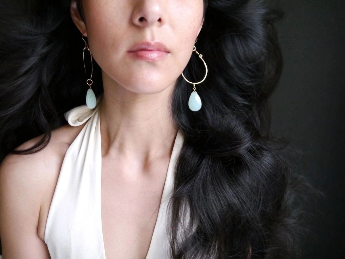 Aqua Chalcedony Teardrop Hoop Gemstone Earrings, 14K Gold Filled