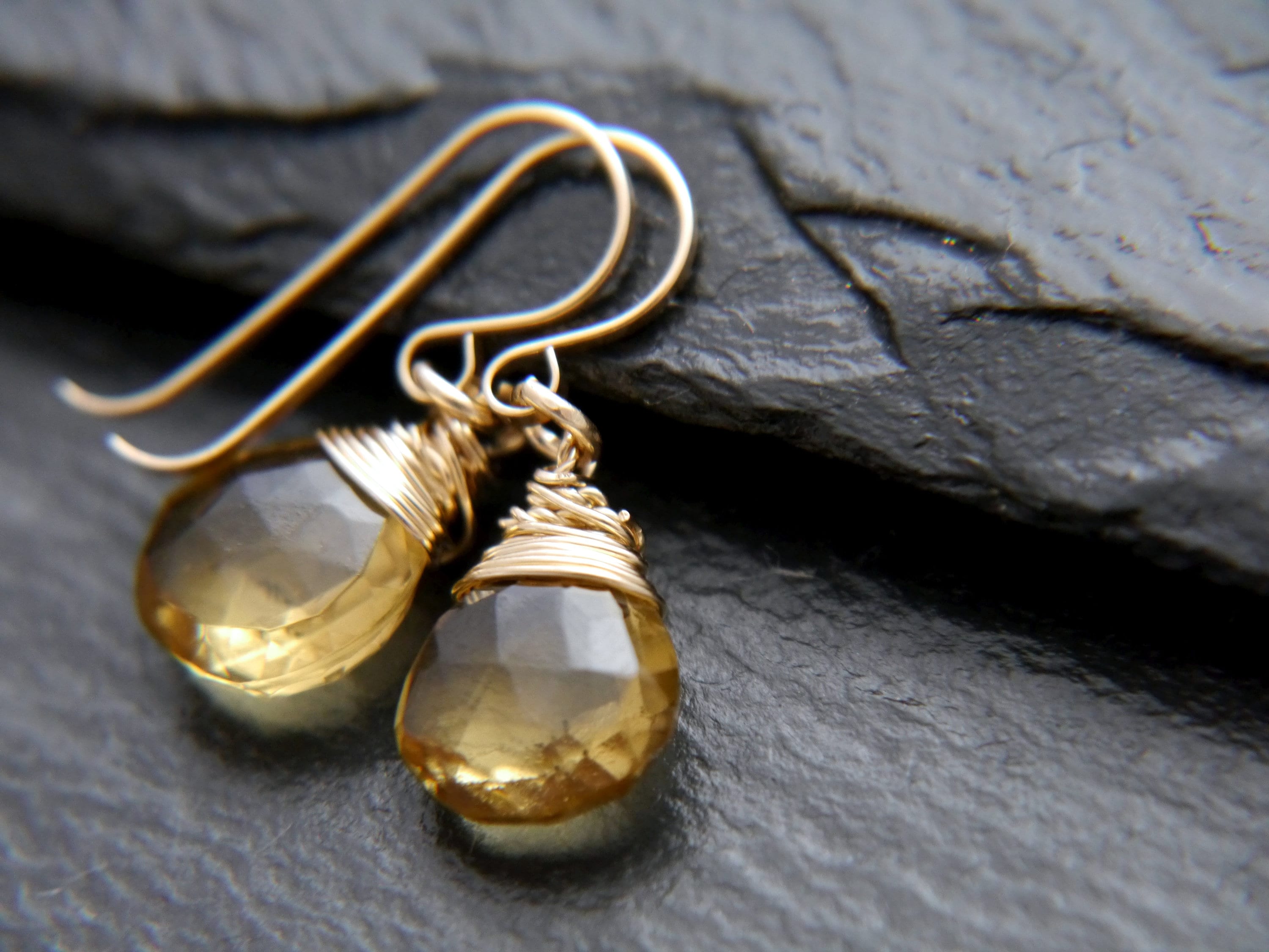 Beer Quartz Drop Earrings, Gold Filled Wire Wrapped Gemstone Wedding Bride