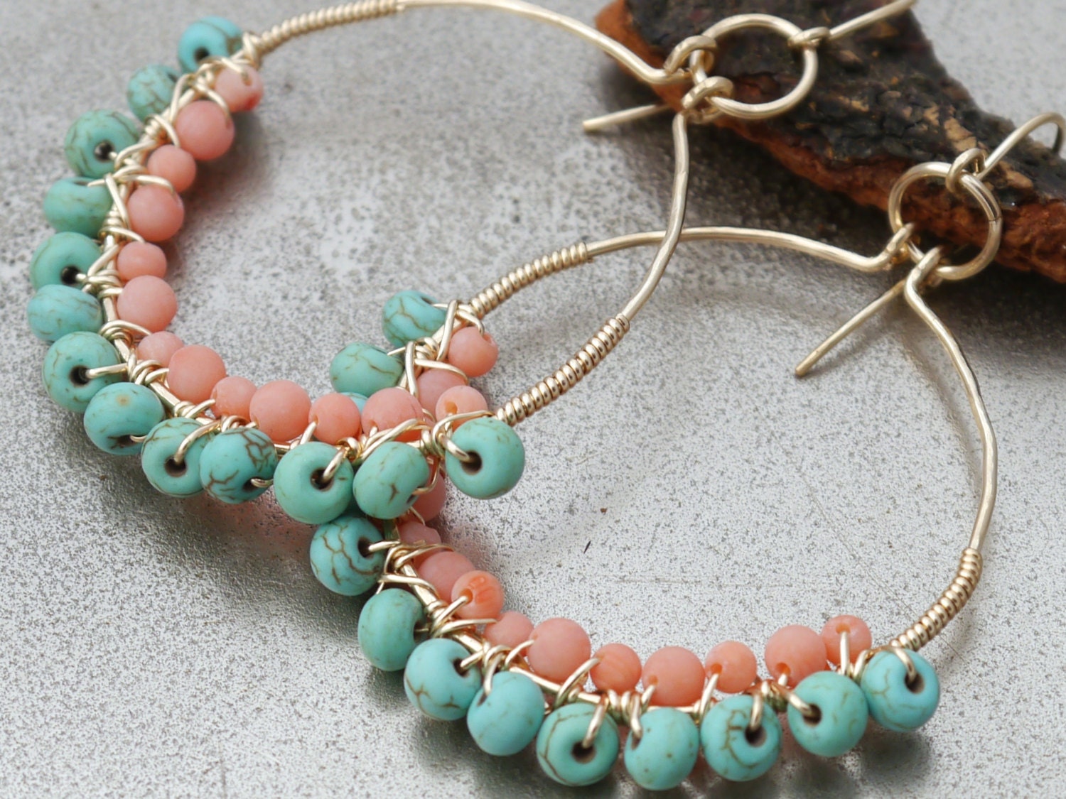 Pink Coral, Turquoise Magnesite Hoop Gemstone Earrings, 14K Gold Filled Boho Chic