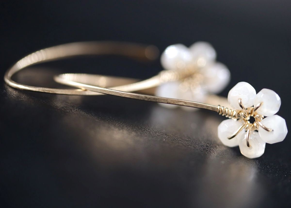 Moonstone Floral Hoop Gemstone Earrings, 14K Gold Filled Nature Inspired