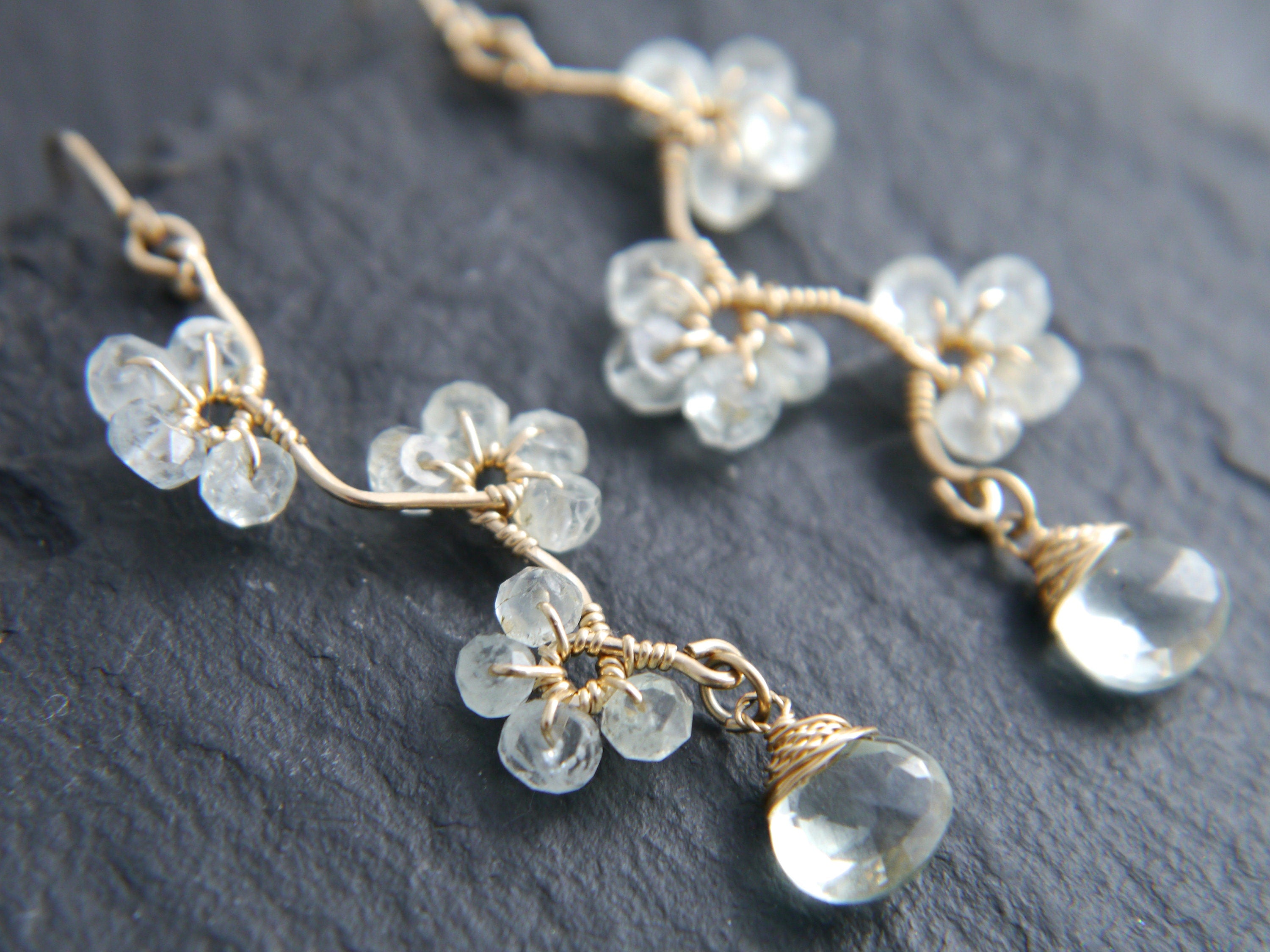 Aquamarine Green Amethyst Floral Chandelier Earrings, 14K Gold Filled Dangle, Garden Jewelry