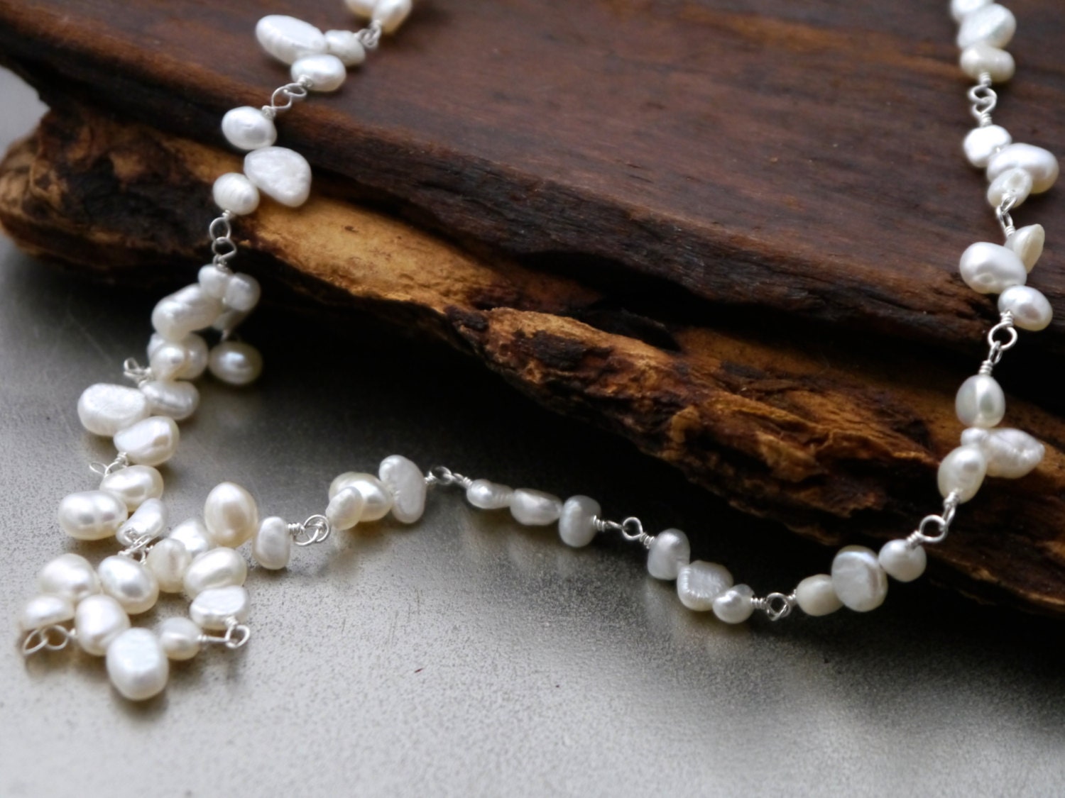 Long White Freshwater Pearl Wedding Necklace, Sterling Silver, Bohemian Bridal Style