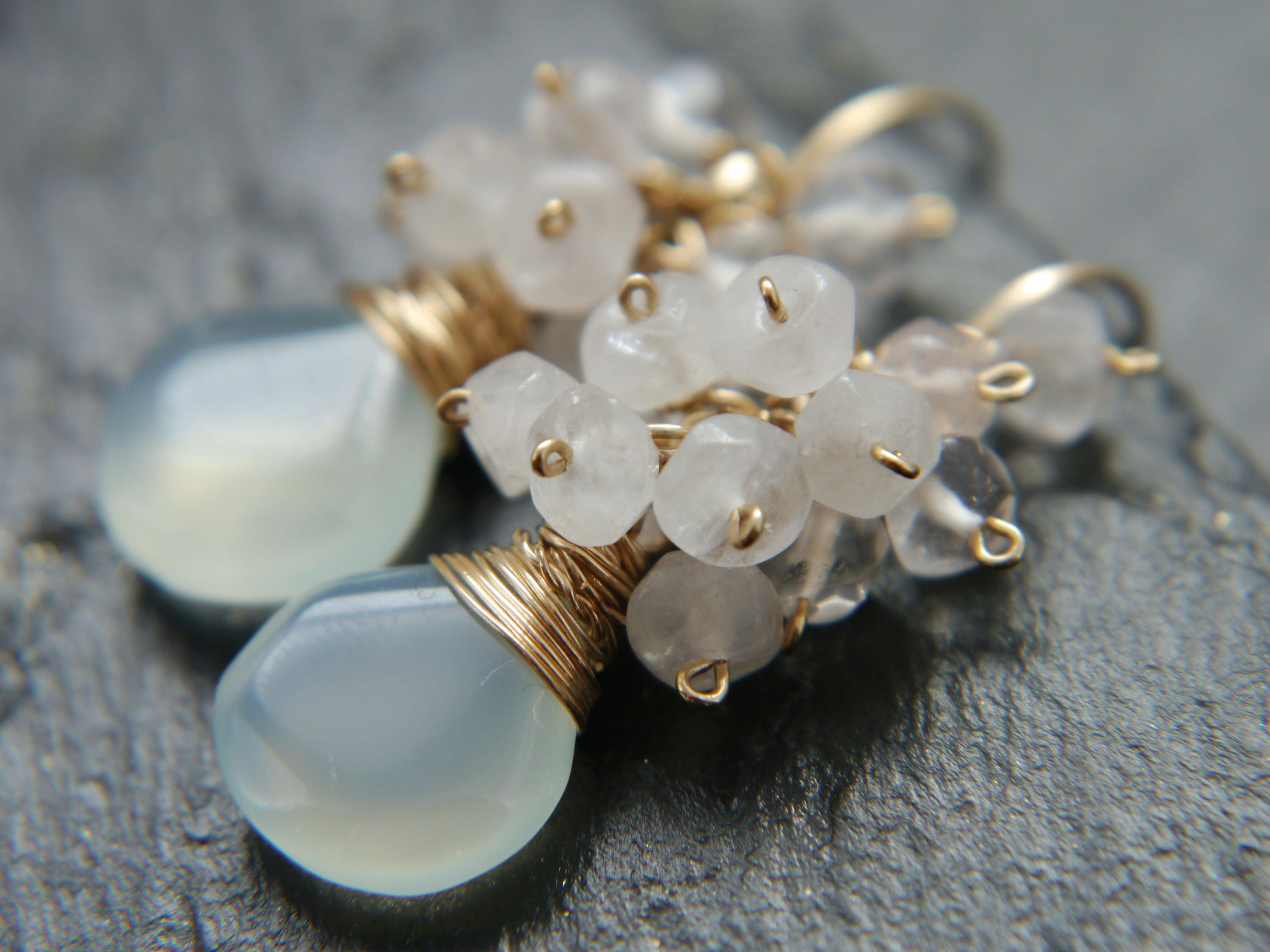 Aqua Chalcedony Rose Quartz Cluster Gemstone Earrings, 14K Gold Filled Romantic Style