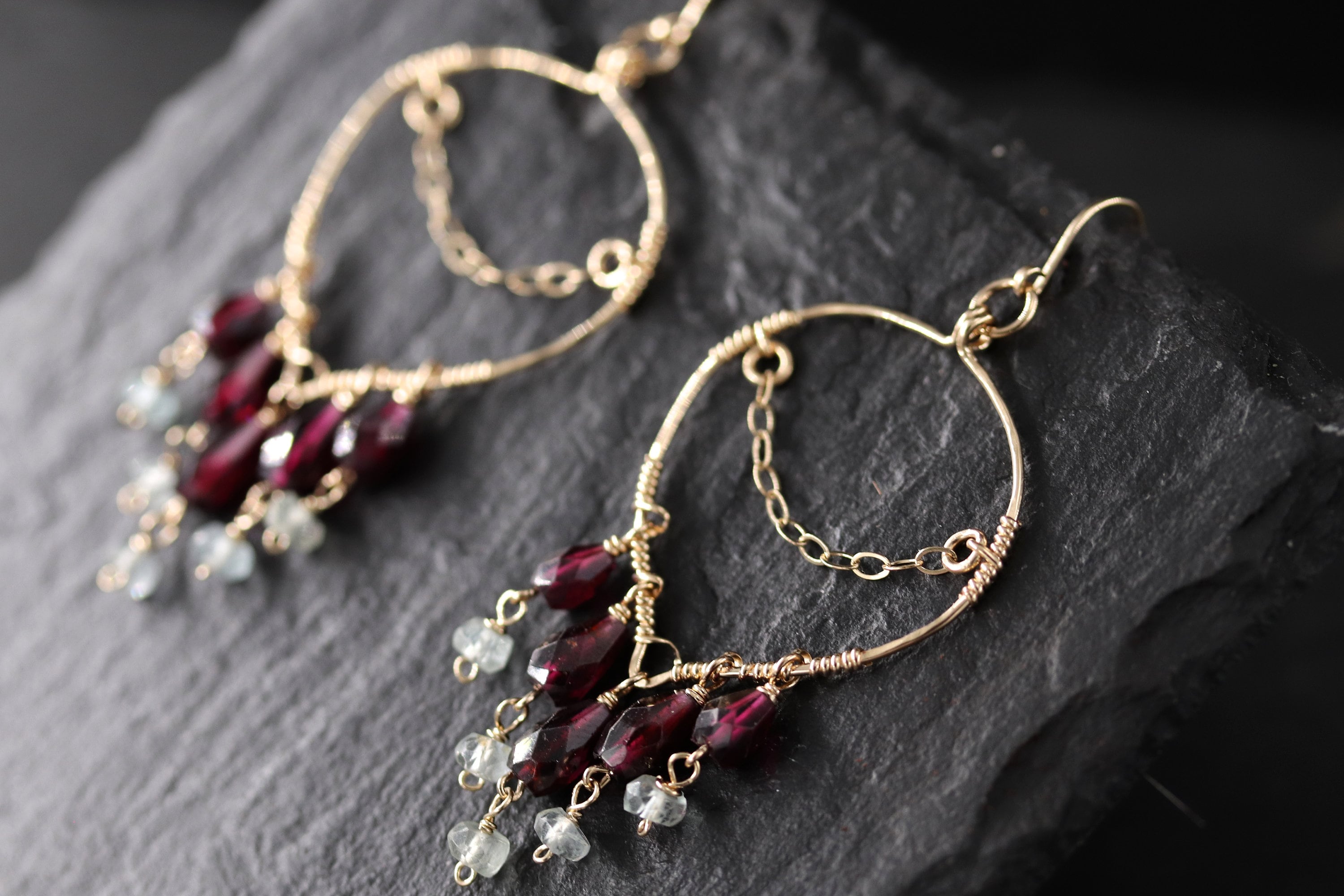 Garnet Aquamarine Fringe Earrings, 14K Gold Filled Long Dangle, Boho Statement