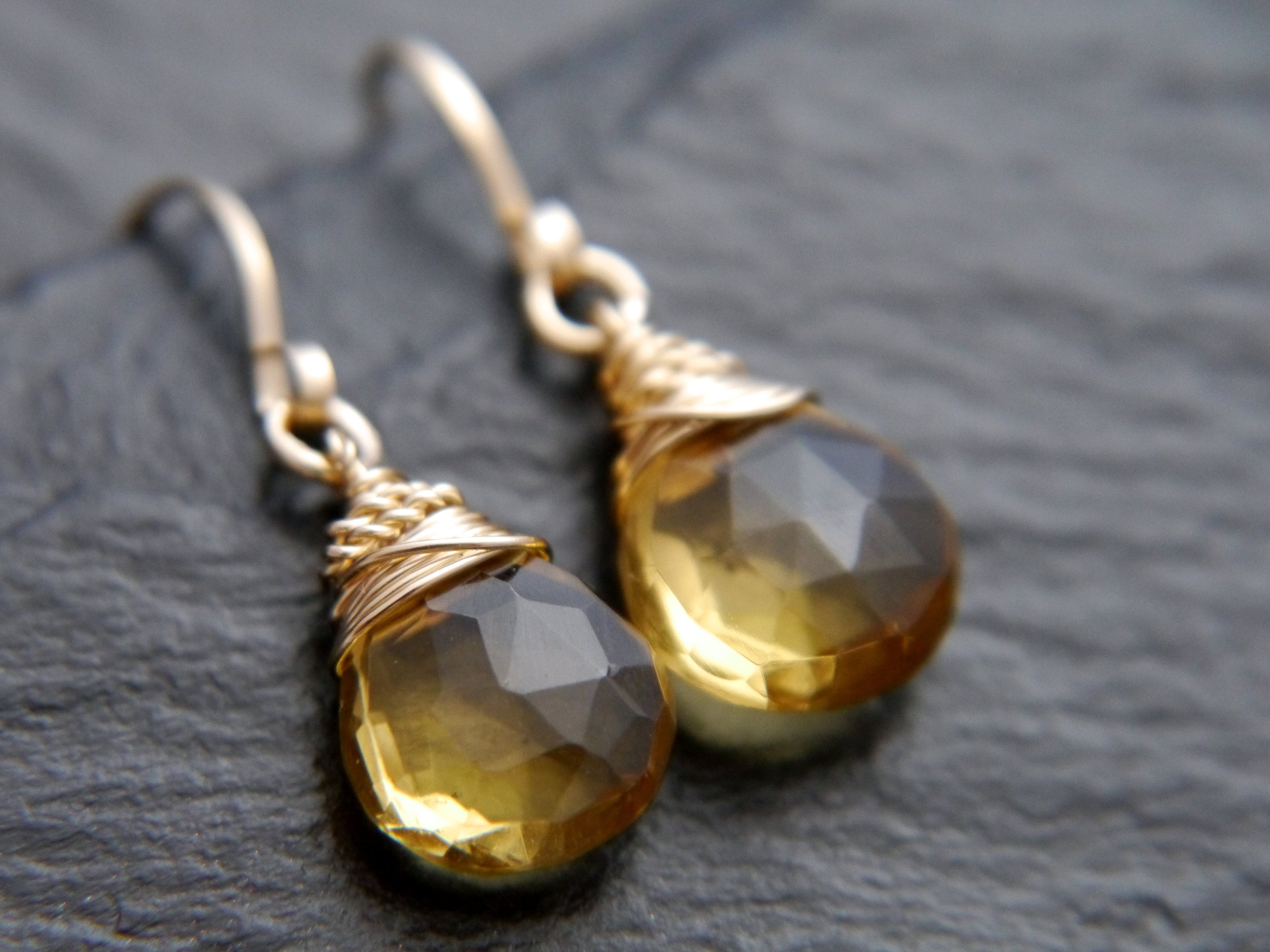 Beer Quartz Drop Earrings, Gold Filled Wire Wrapped Gemstone Wedding Bride