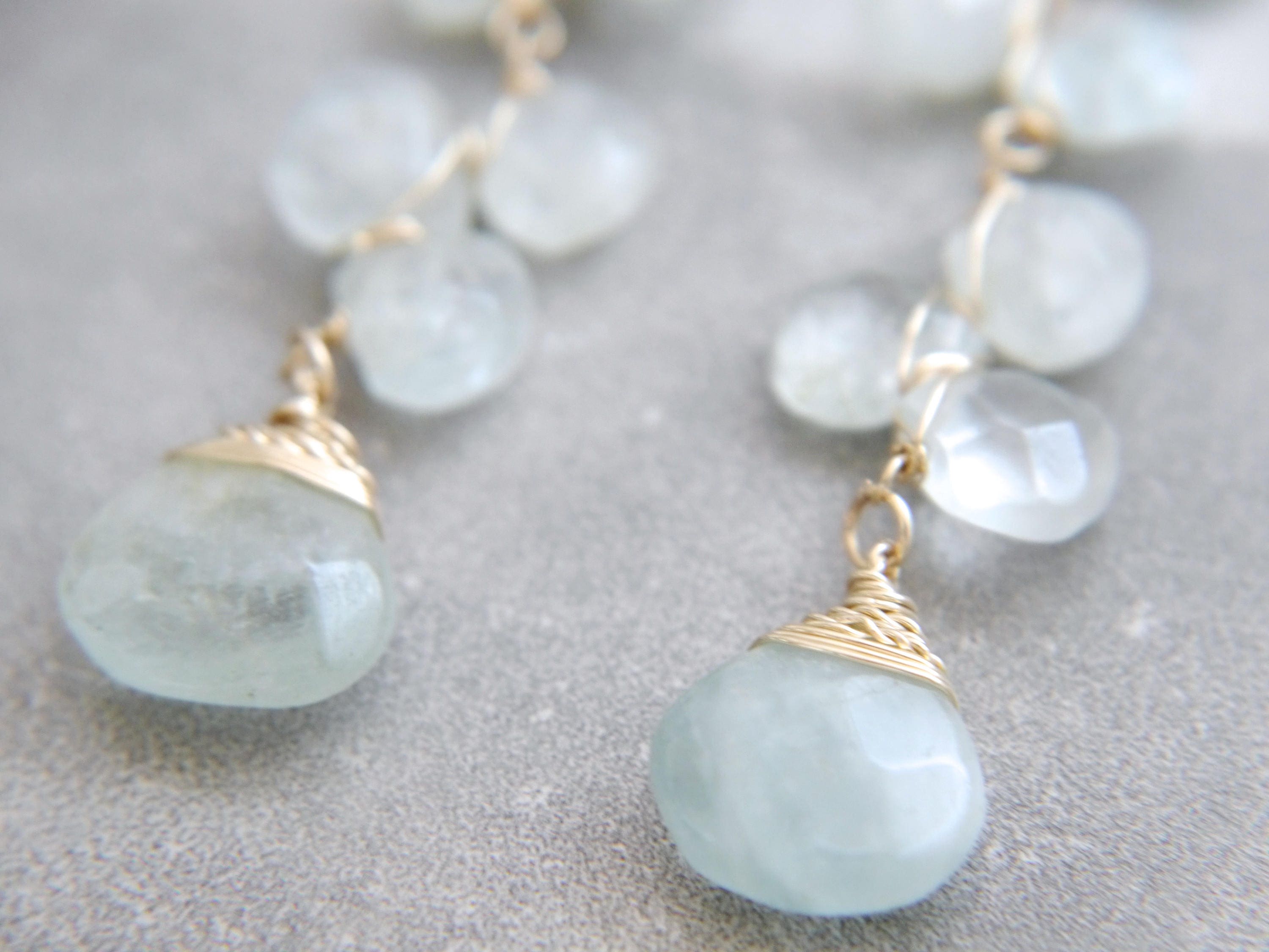 Aquamarine Long Dangle Floral Gemstone Earrings, 14K Gold Filled Garden Wedding