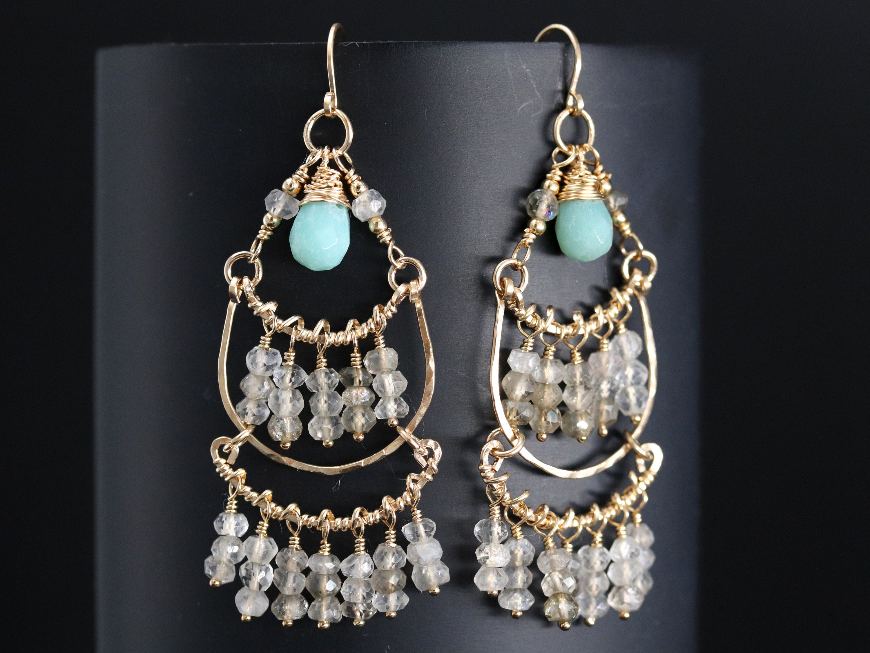 Labradorite Amazonite Chandelier Fringe Gemstone Earrings, 14K Gold Filled Bohemian Style