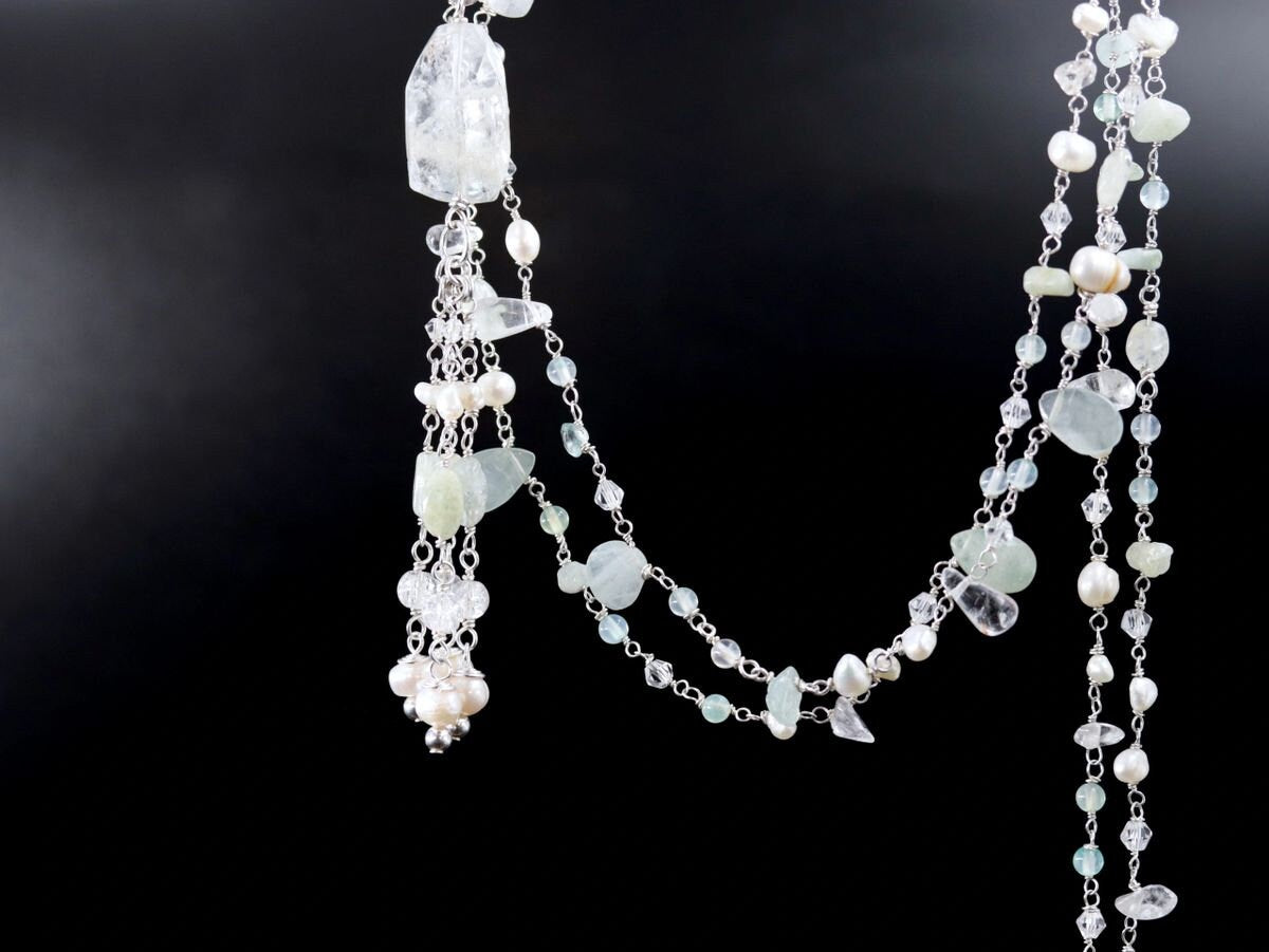 Aquamarine Pearl Rosary Chain Lariat Y Gemstone Necklace, Sterling Silver, Bohemian