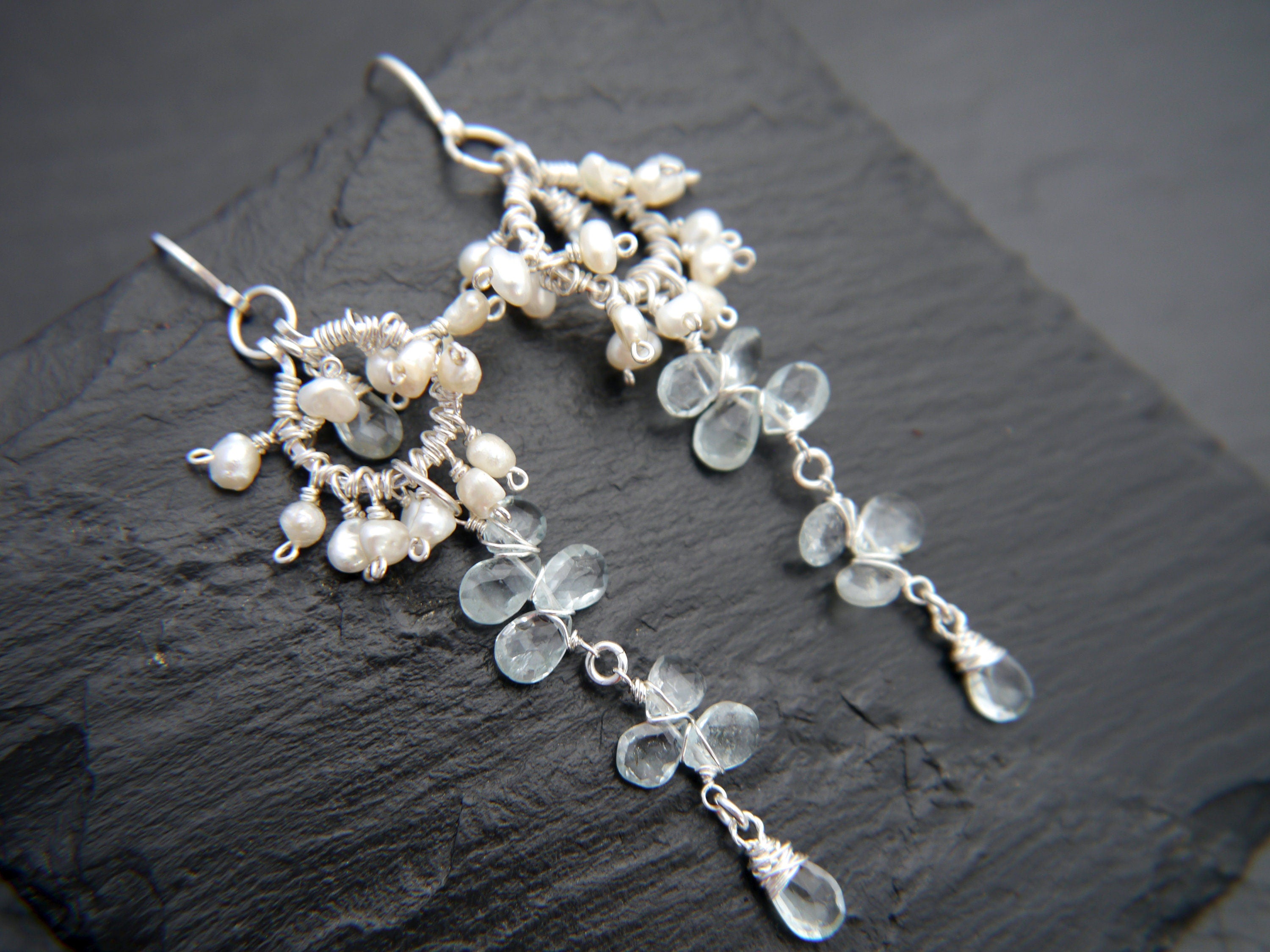 Aquamarine Pearl Long Dangle Chandelier Gemstone Earrings, Sterling Silverr Bridal Jewelry