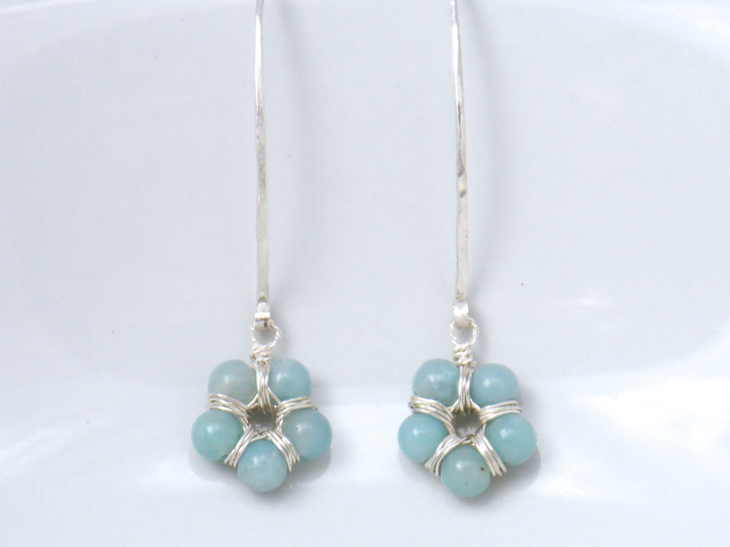 Aqua Amazonite Long Floral Hoop Gemstone Earrings, Sterling Silver Nature Inspired