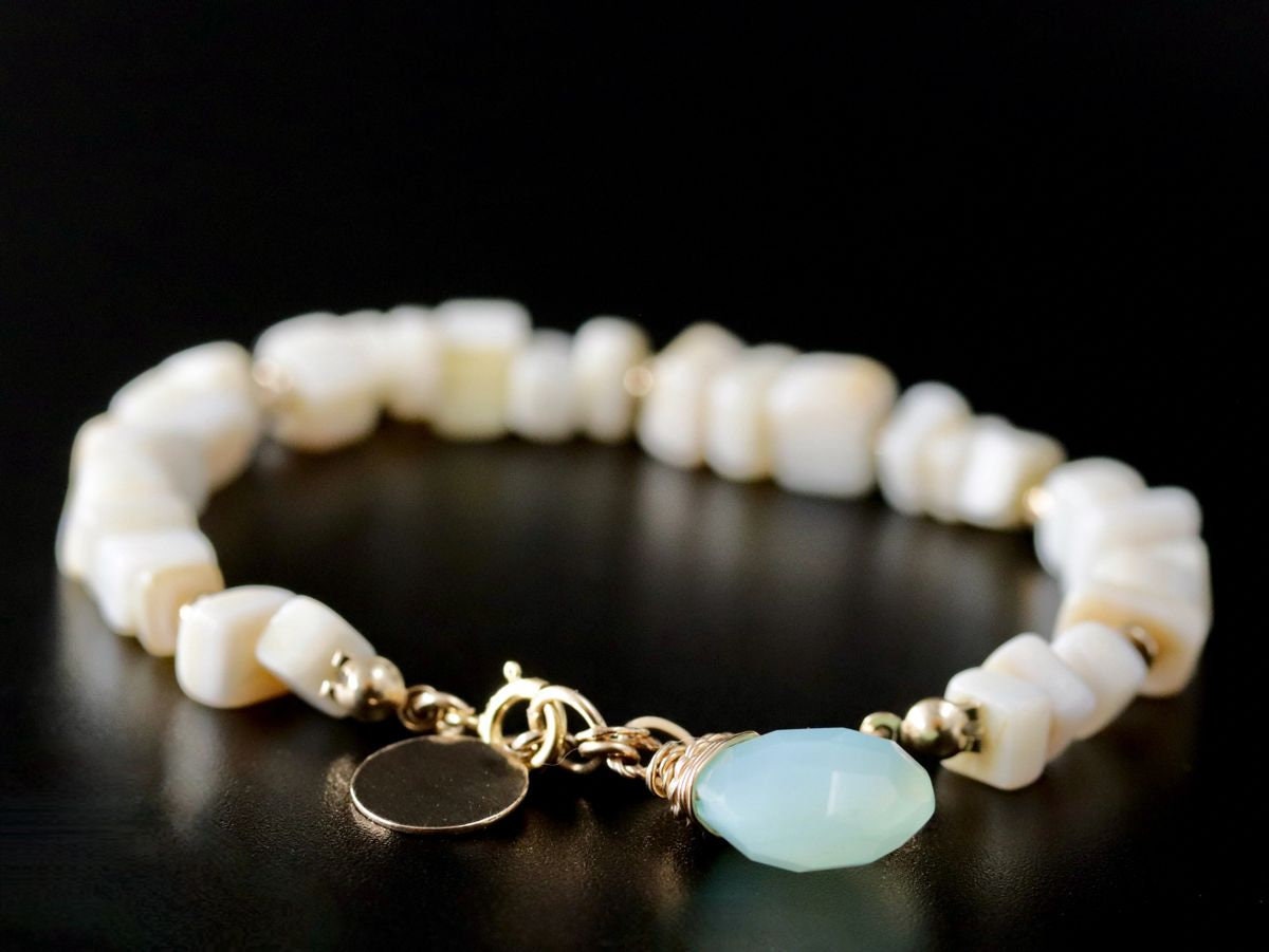 Mother of Pearl Aqua Chalcedony Beaded Gemstone Bracelet – 14K Gold Filled Jewelry