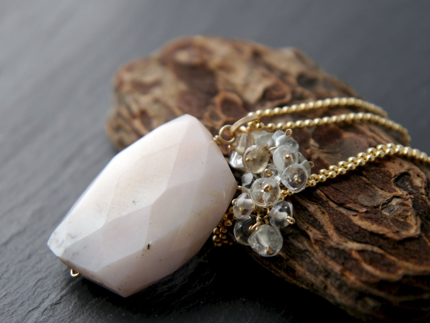 Pink Opal Gemstone Pendant Necklace, 14K Gold Filled, Nature Inspired Jewelry