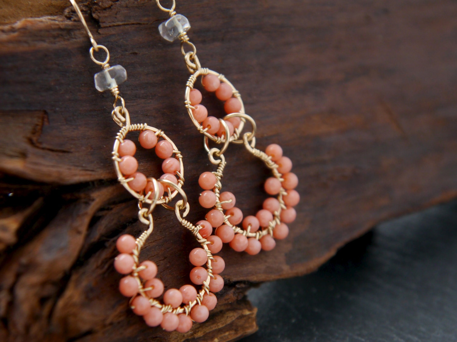 Salmon Pink Coral Hoop Gemstone Earrings, 14K Gold Filled Bohemian Style
