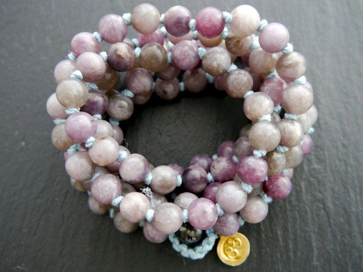 Lilac Purple Stone Mala Beads, 108 Gemstone Beads, Wrap, Hand Knotted