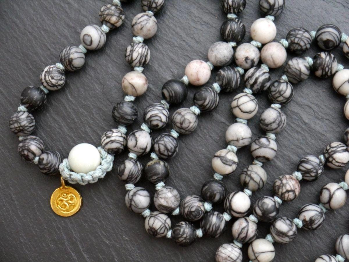 Black Silkstone White Magnesite 108 Mala Beads, Hand Knotted Wrap