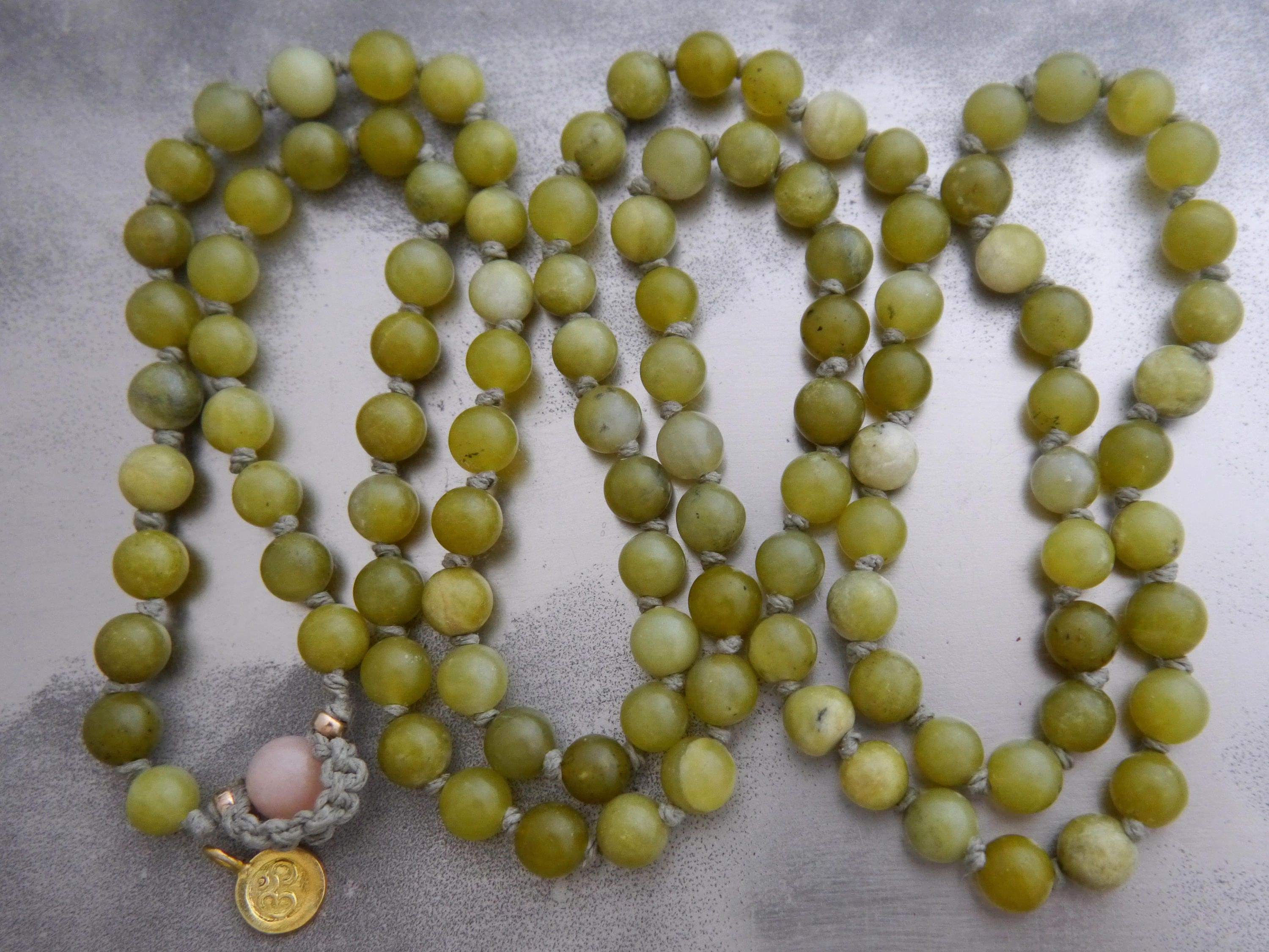 Olive Green Serpentine Mala Beads, 108 Gemstone Beads, Wrap, Hand Knotted