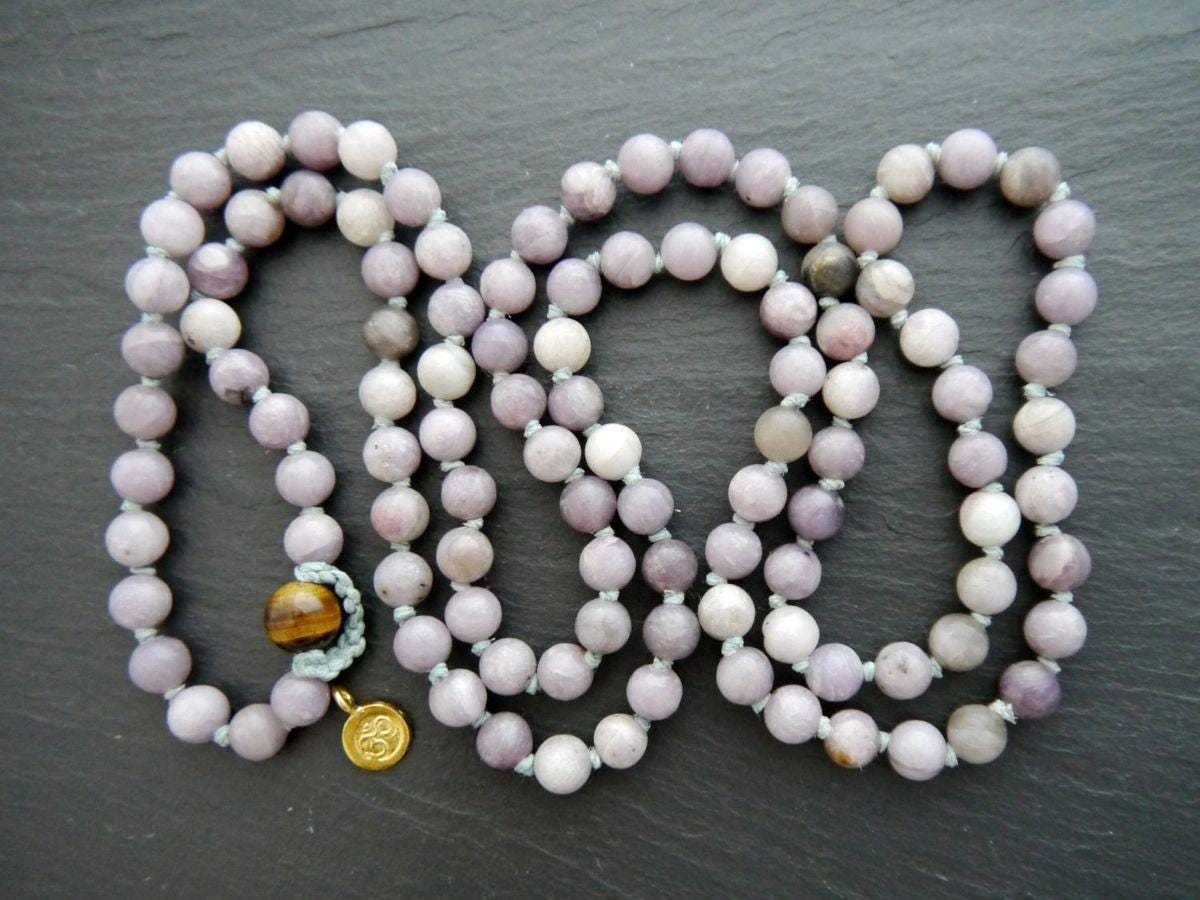 Lavender Lilac Stone 108 Mala Bead , Wrap, Hand Knotted Tibetan Prayer Beads