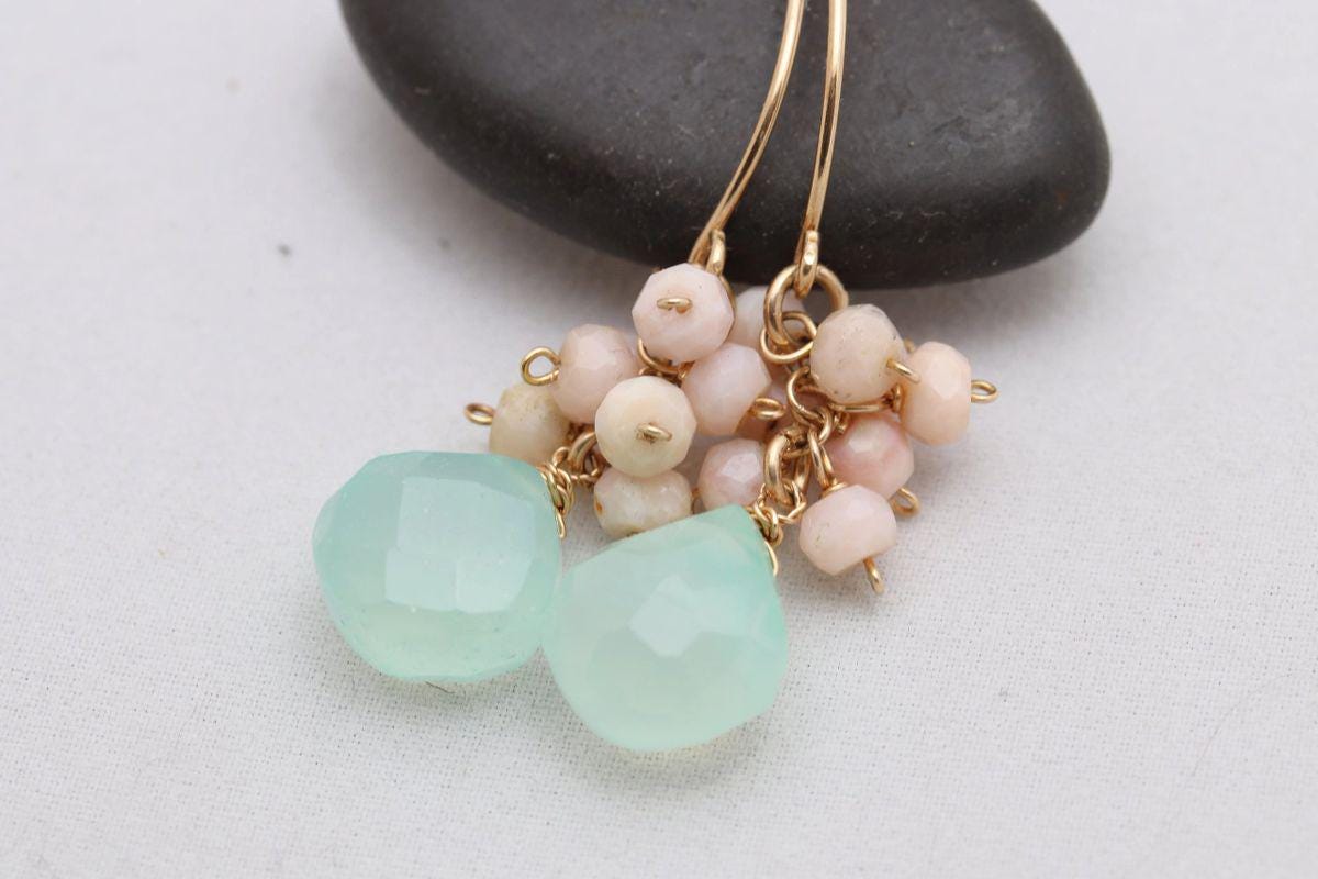 Aqua Chalcedony Pink Opal Floral Cluster Gemstone Earrings, 14K Gold Filled Bohemian