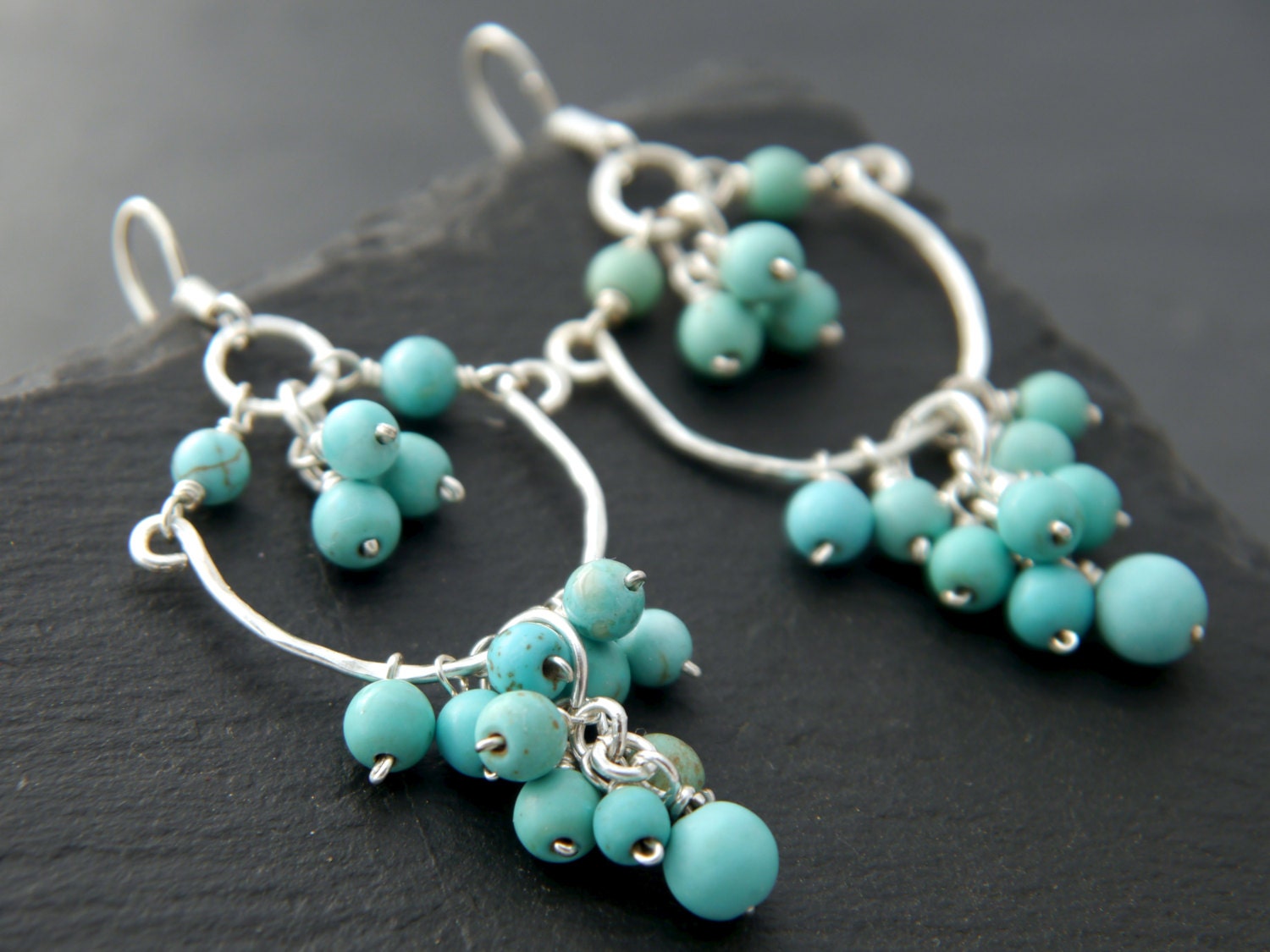 Turquoise Magnesite Chandelier Cluster Gemstone Earrings, Sterling Silver, Bohemian Style