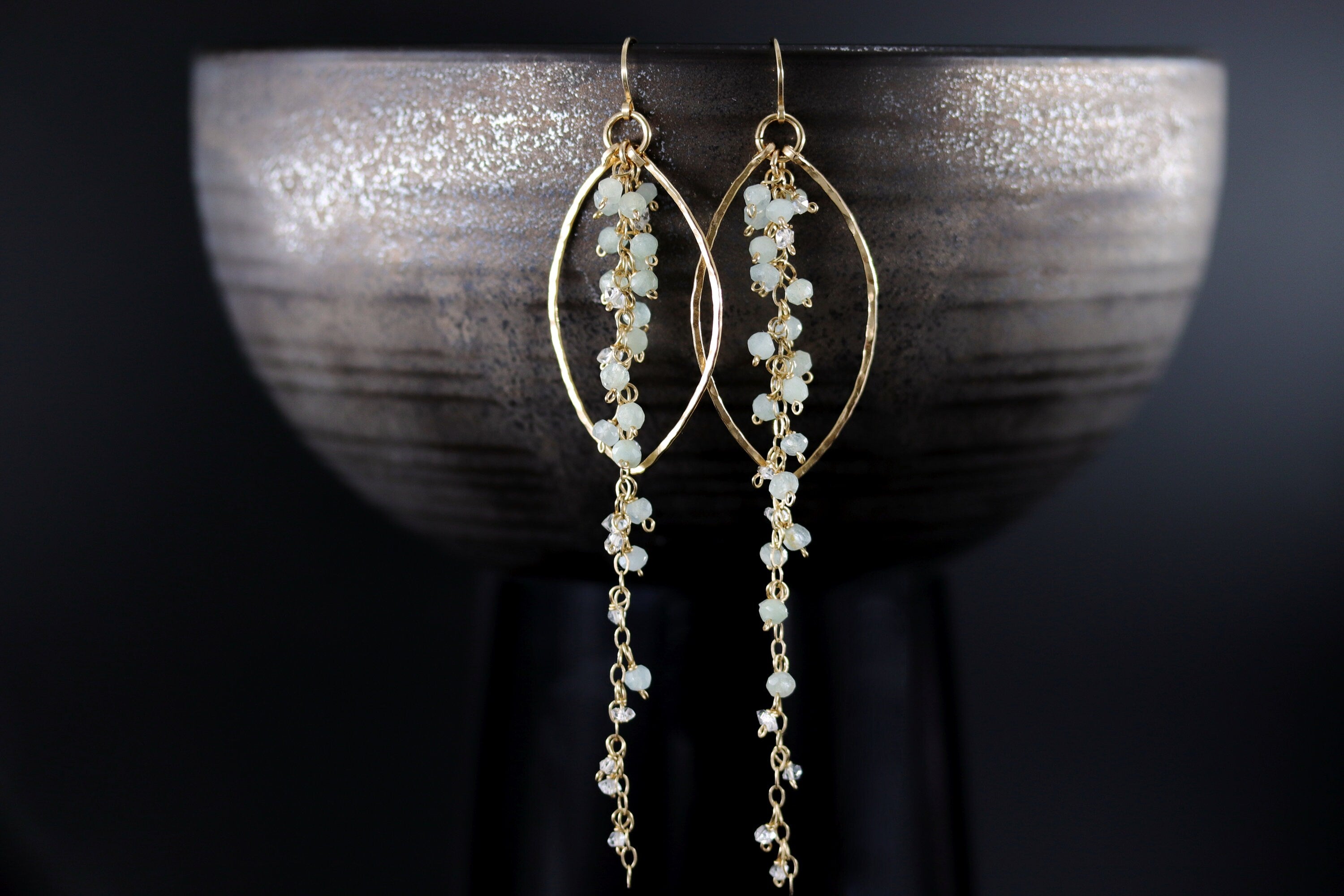 Aquamarine Fringe Chandelier Earrings, 14K Gold Filled Boho Dangle, Wedding Jewelry