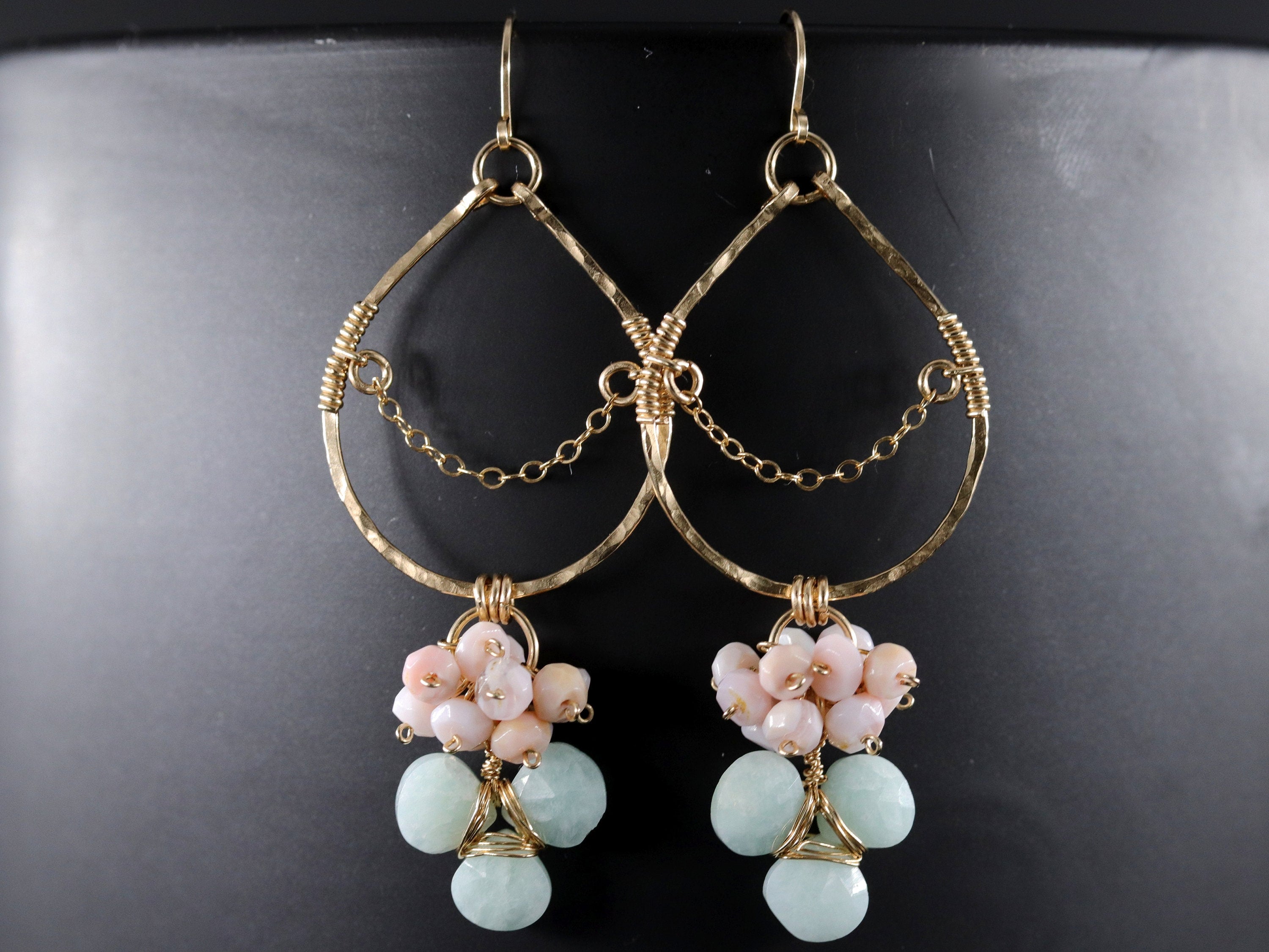 Pink Opal Amazonite Floral Chandelier Gemstone Earrings, 14K Gold Filled Botanical Wedding