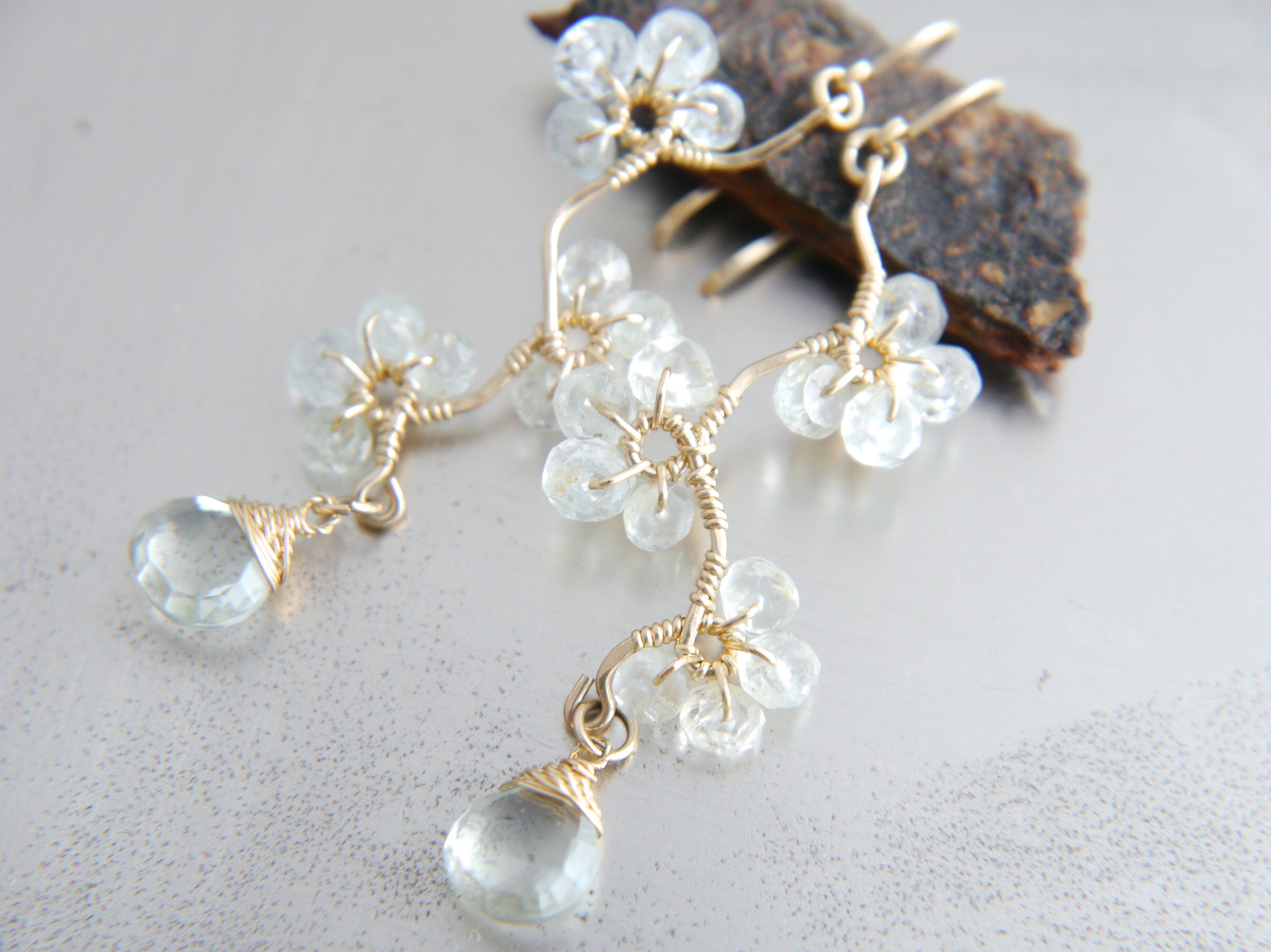 Aquamarine Green Amethyst Floral Chandelier Earrings, 14K Gold Filled Dangle, Garden Jewelry