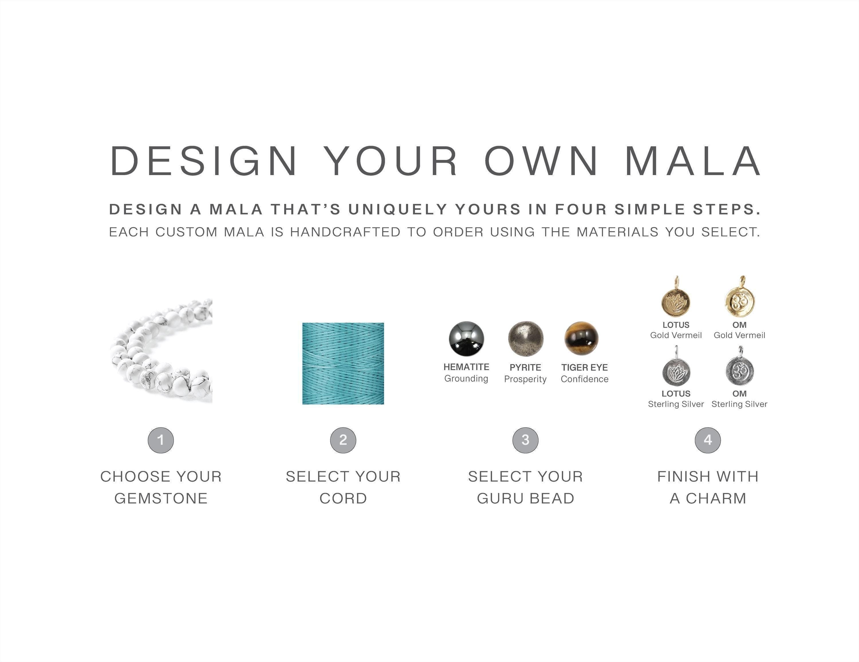 The image is a step-by-step guide on how to design a custom mala, which is a type of jewelry. It provides instructions on how to create a mala that is uniquely yours using four simple steps. Each custom mala is handcrafted to order using the materials you select. The guide includes images of different materials such as gemstones, pearls, and cords, along with instructions on how to choose, select, and finish with a charm.
