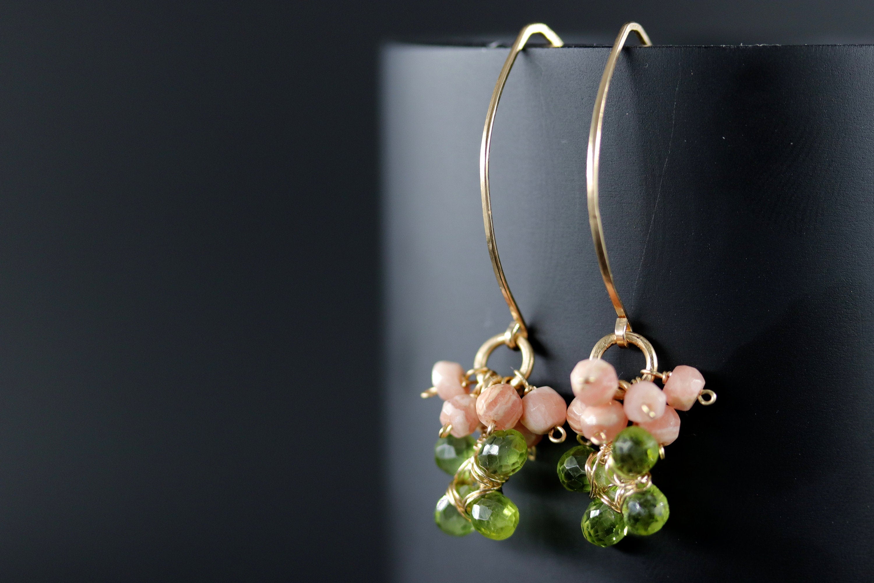 Peridot Rhodonite Floral Cluster Hoop Gemstone Earrings, 14K Gold Filled Botanicals