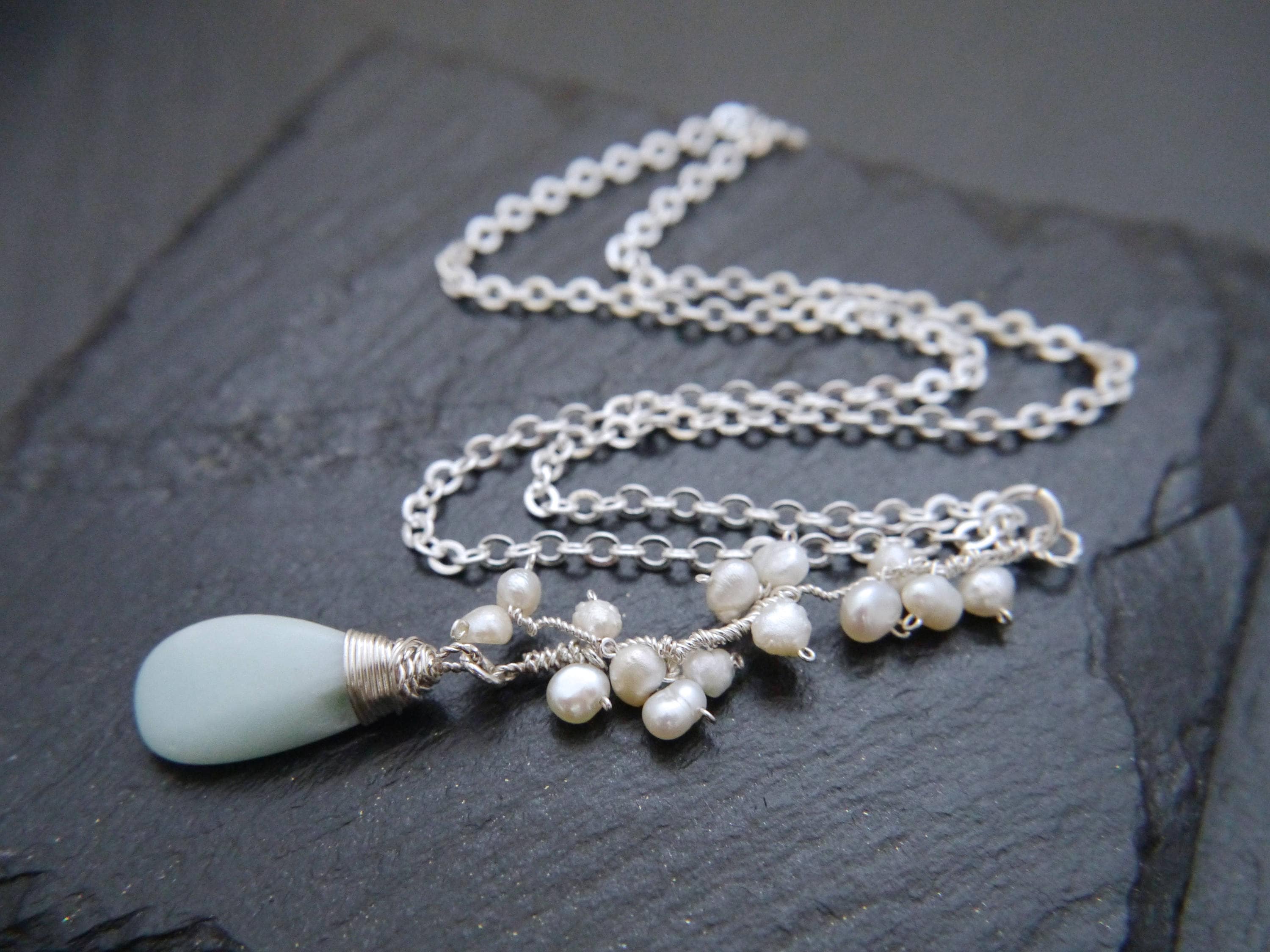 Amazonite White Pearl Floral Vine Pendant Gemstone Necklace, Sterling Silver, Wedding Jewelry