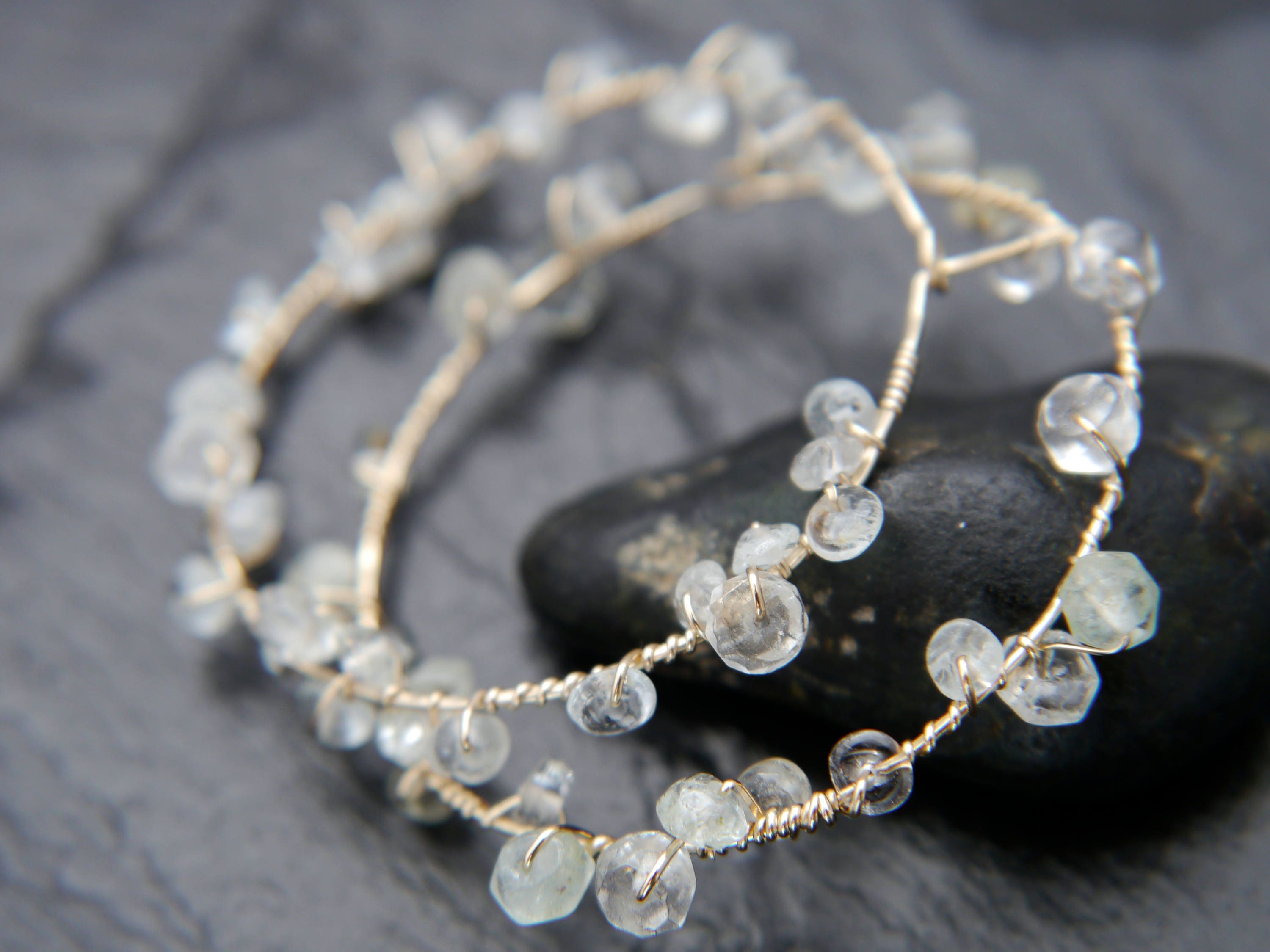 Aquamarine Floral Hoop Gemstone Earrings, 14K Gold Filled Ethereal Bride