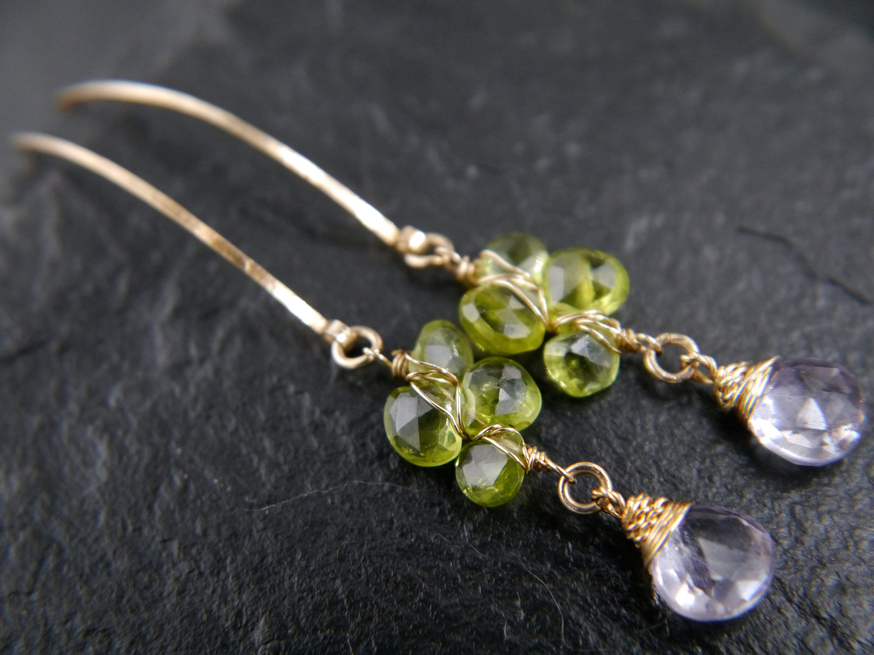 Blue Quartz and Peridot Floral Cluster Gemstone Earrings, 14K Gold Filled Botanical