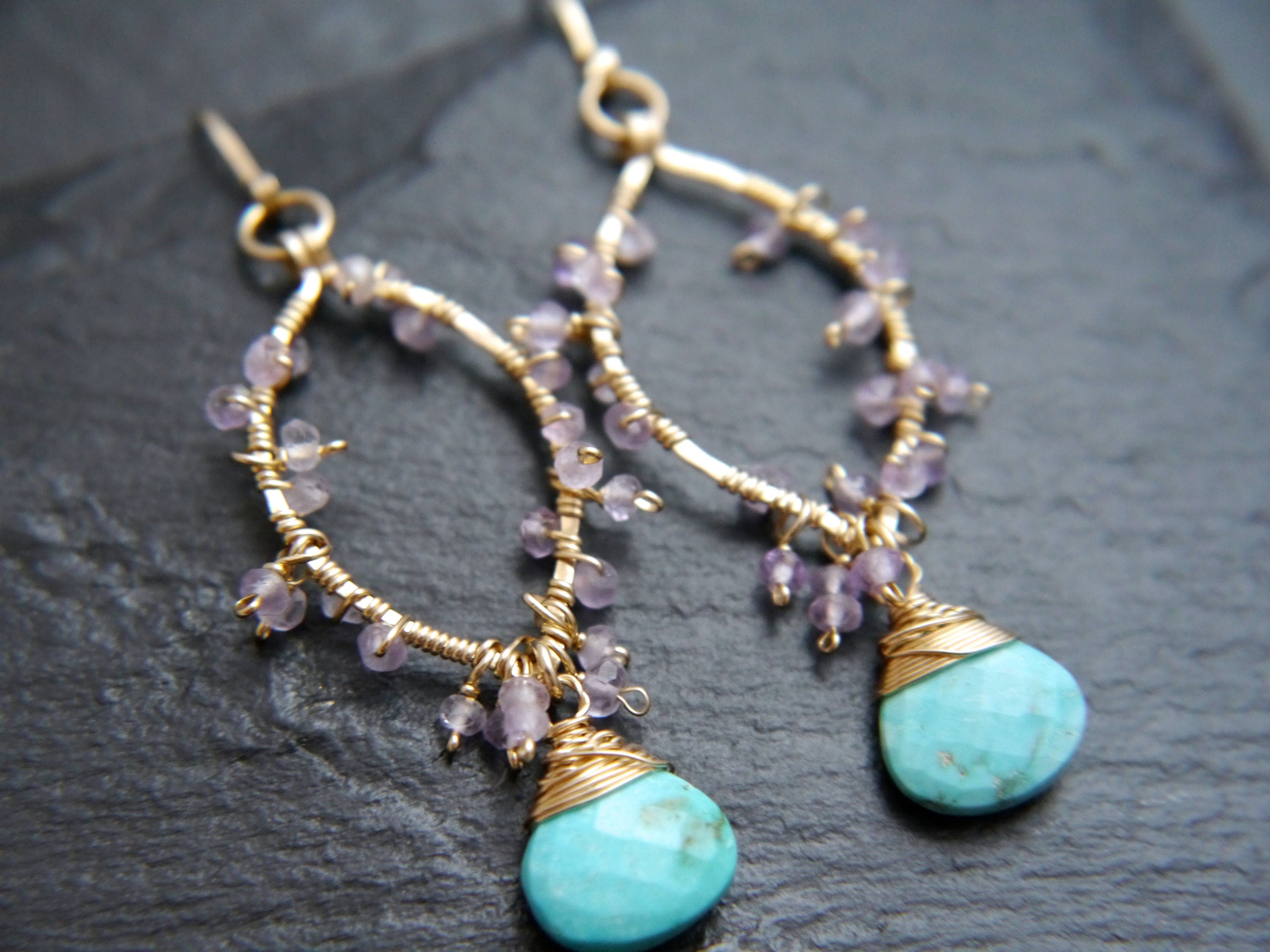 Turquoise Amethyst Floral Gemstone Earrings, 14K Gold Filled Botanical Jewelry