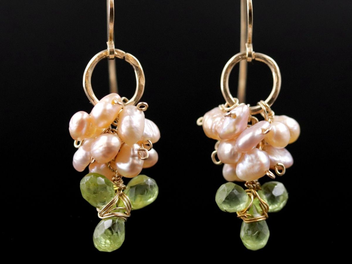 Peridot Pink Freshwater Pearl Floral Dangle Gemstone Earrings, 14K Gold Filled