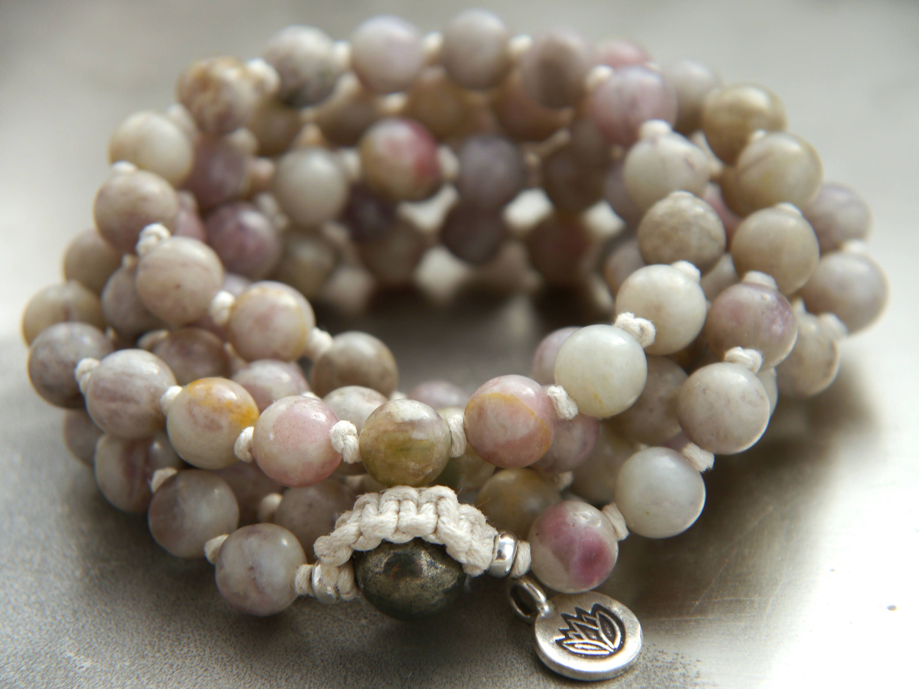 Lilac Stone 108 Mala Bead , Wrap, Hand Knotted Tibetan Prayer Beads