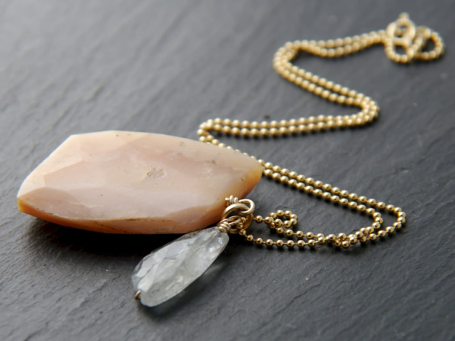 Pink Opal Aquamarine Flower Pendant Gemstone Necklace, 14K Gold Filled, Bridal