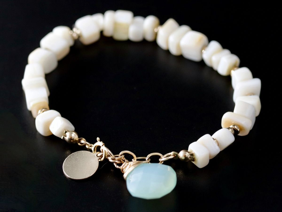 Mother of Pearl Aqua Chalcedony Beaded Gemstone Bracelet – 14K Gold Filled Jewelry