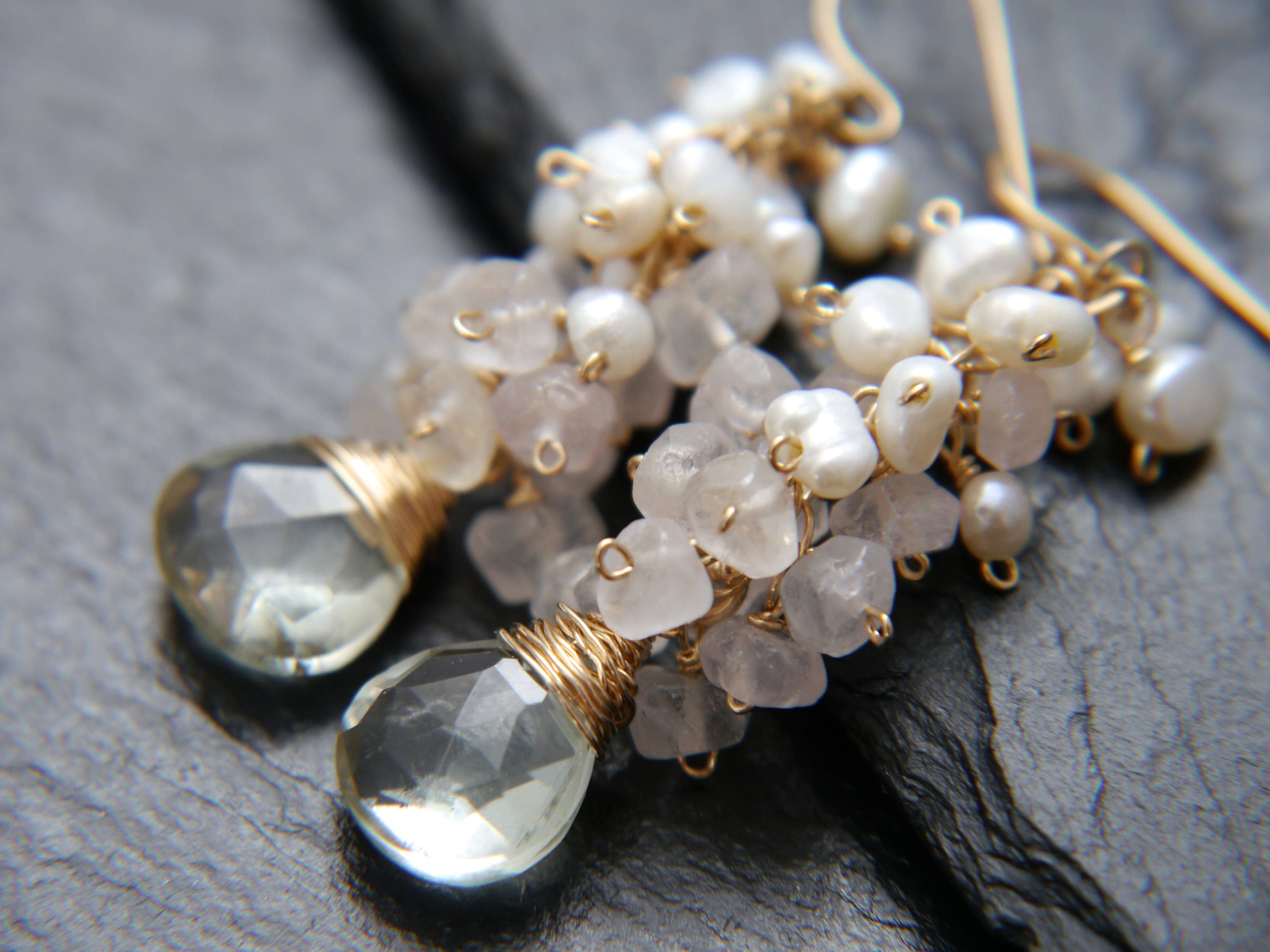 Green Amethyst Rose Quartz Pearl Cluster Gemstone Earrings, 14K Gold Filled Garden Wedding