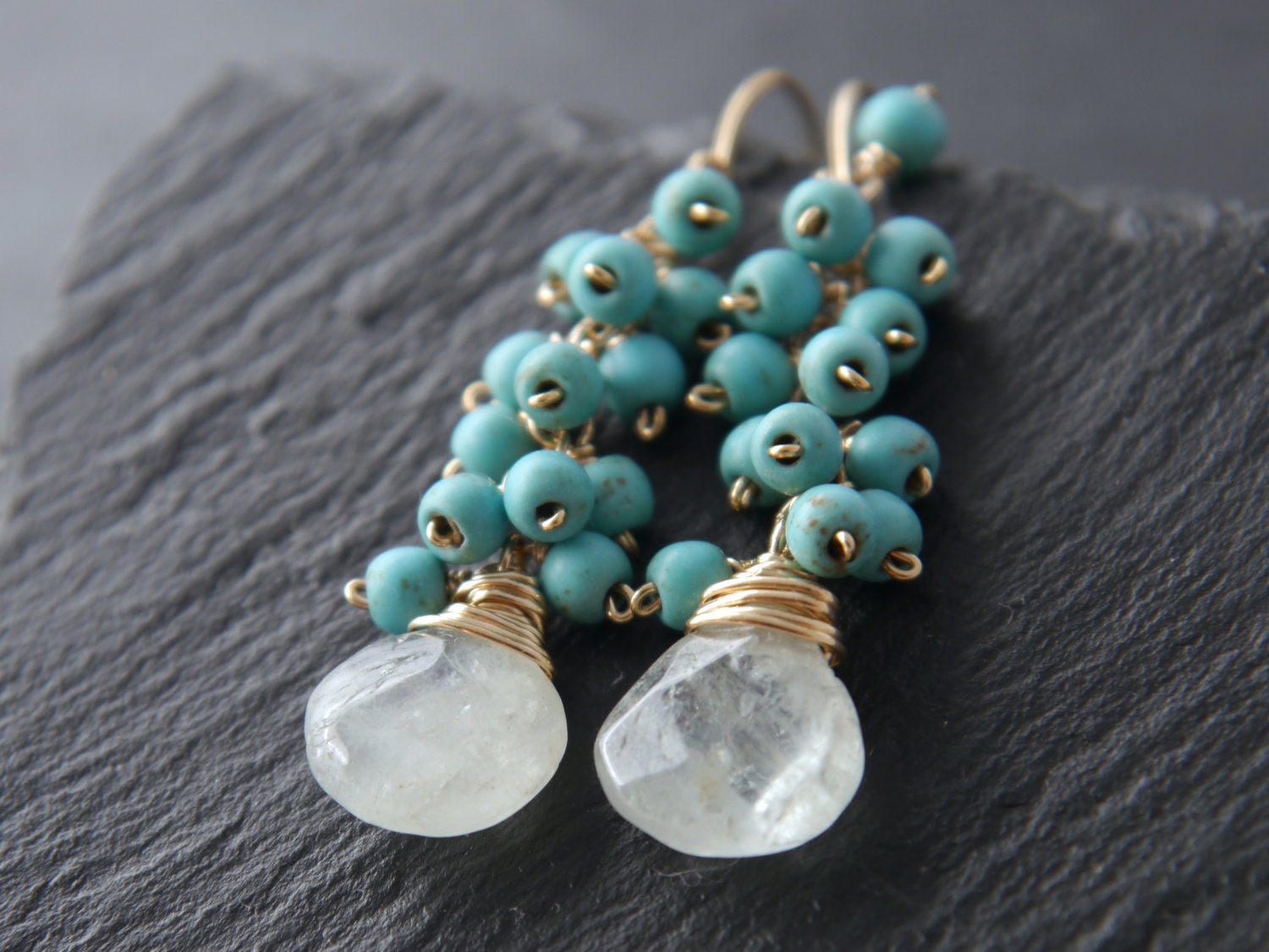 Aquamarine Turquoise Magnesite Cluster Dangle Gemstone Earrings, 14K Gold Filled Boho