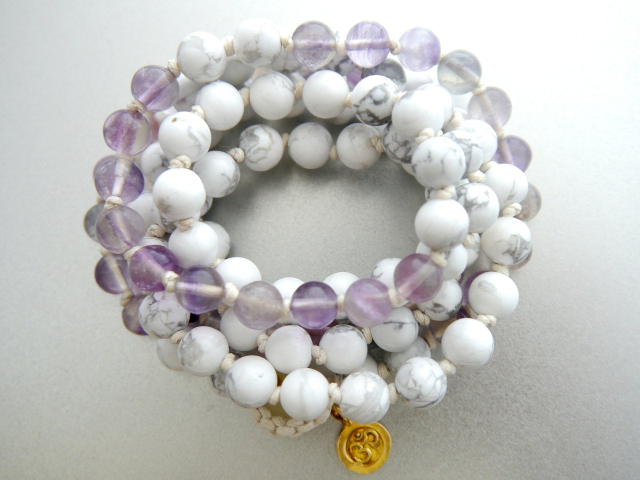 White Howlite Fluorite Mala Beads, 108 Gemstone Beads, Wrap, Hand Knotted