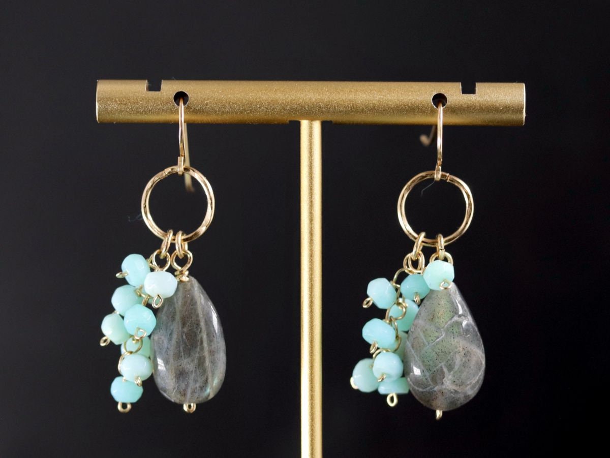 Labradorite Blue Opal Dangle Gemstone Earrings, 14K Gold Filled Celestial Style