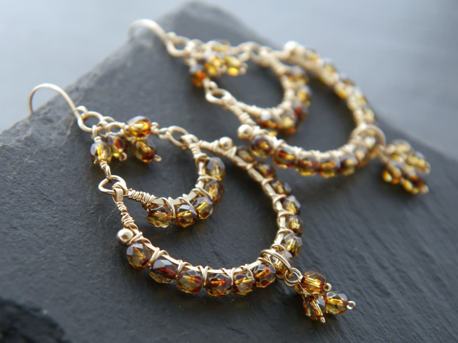 Boho Tortoiseshell Czech Glass Chandelier Gemstone Earrings, 14K Gold Filled