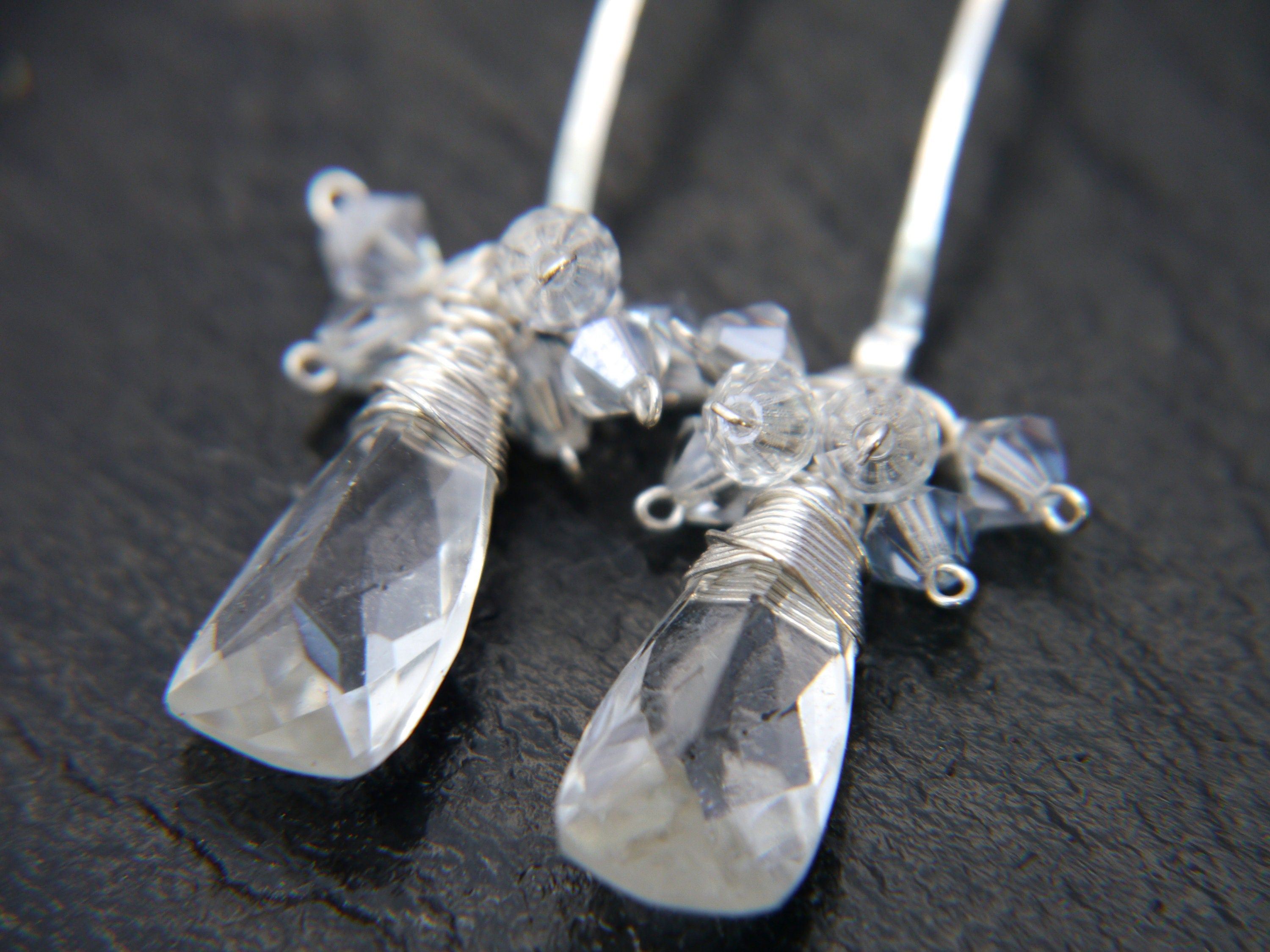 Quartz Crystal Long Hoop Gemstone Earrings, Sterling Silver, Classic Wedding
