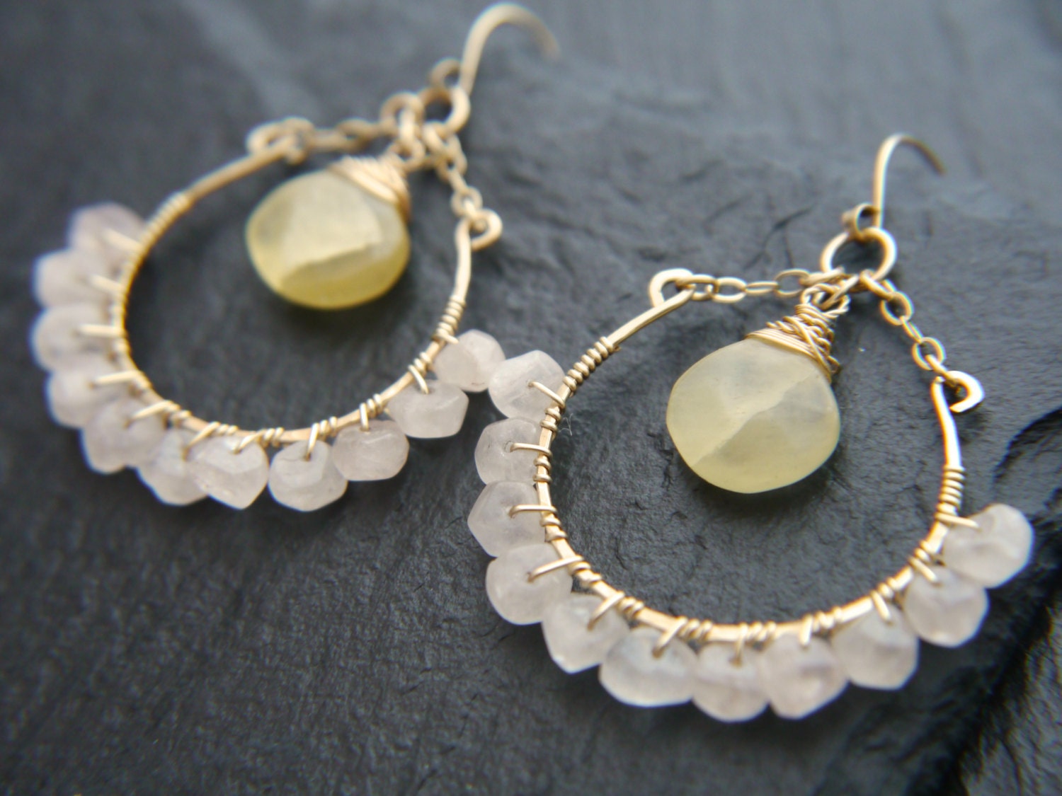 Rose Quartz Yellow Calcite Floral Hoop Gemstone Earrings, 14K Gold Filled Wedding